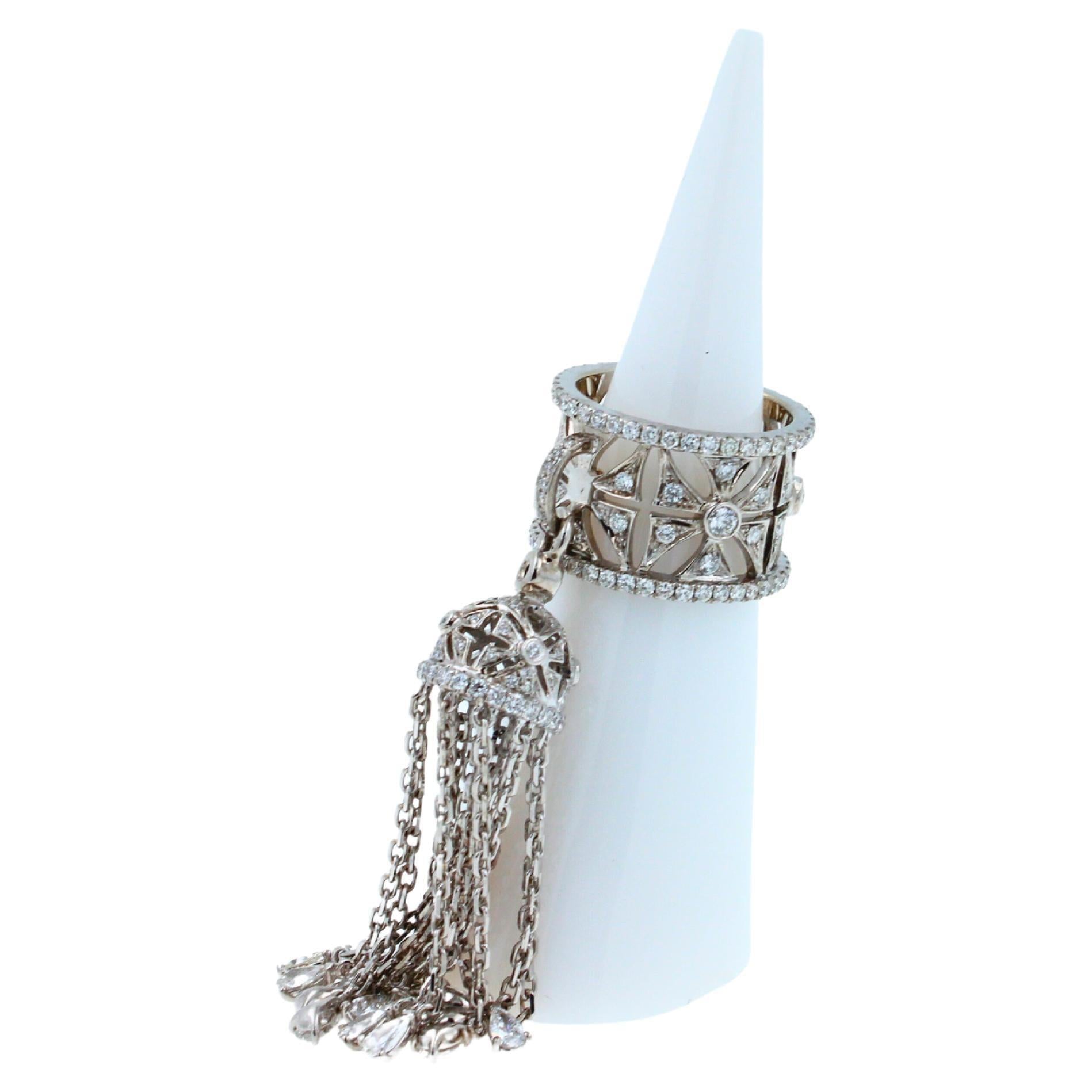 Diamond Fashion Pave Tassel Chains Geometric Crown Drop 18 Karat White Gold Ring