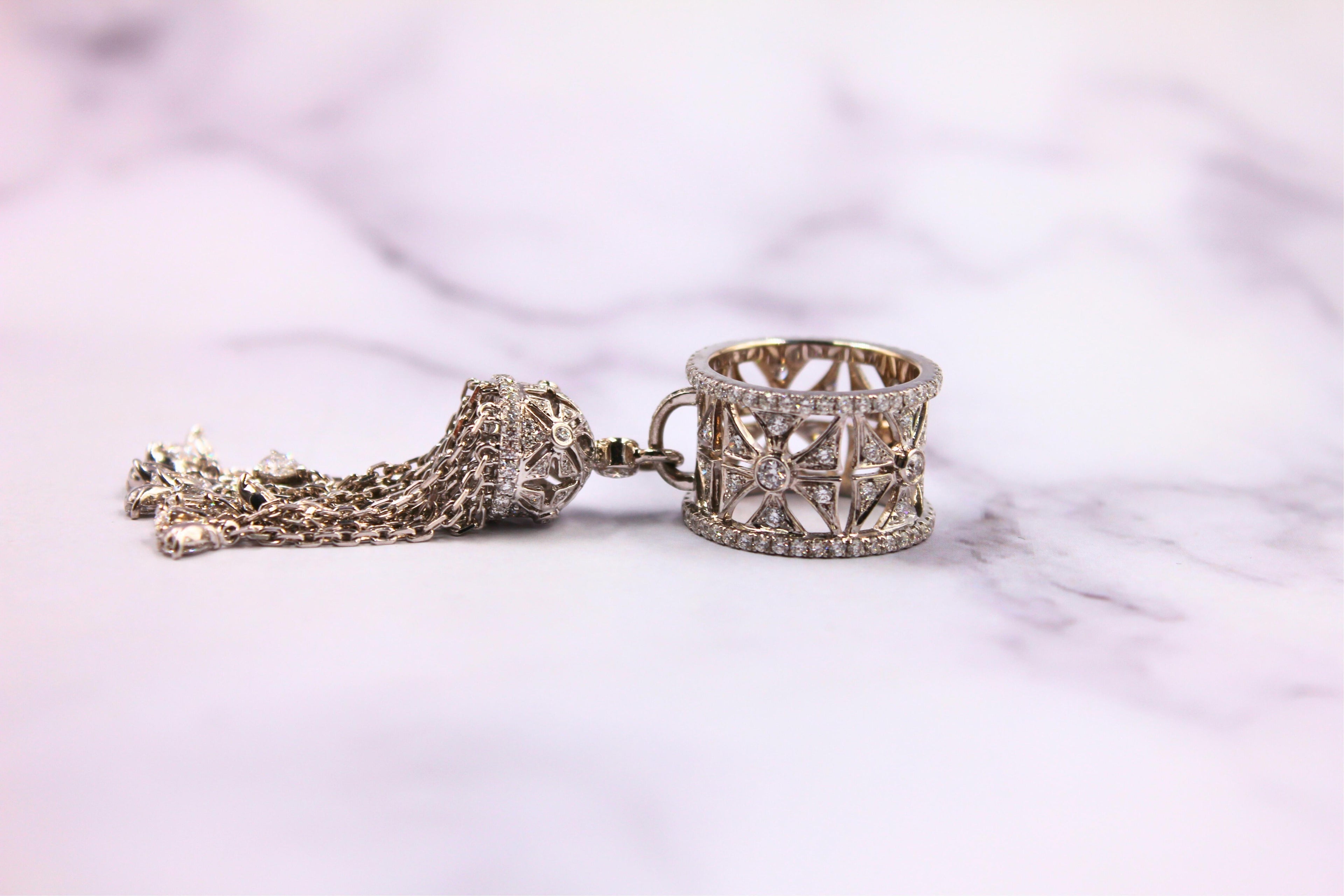 Diamond Fashion Pave Tassel Chains Geometric Crown Drop 18 Karat White Gold Ring