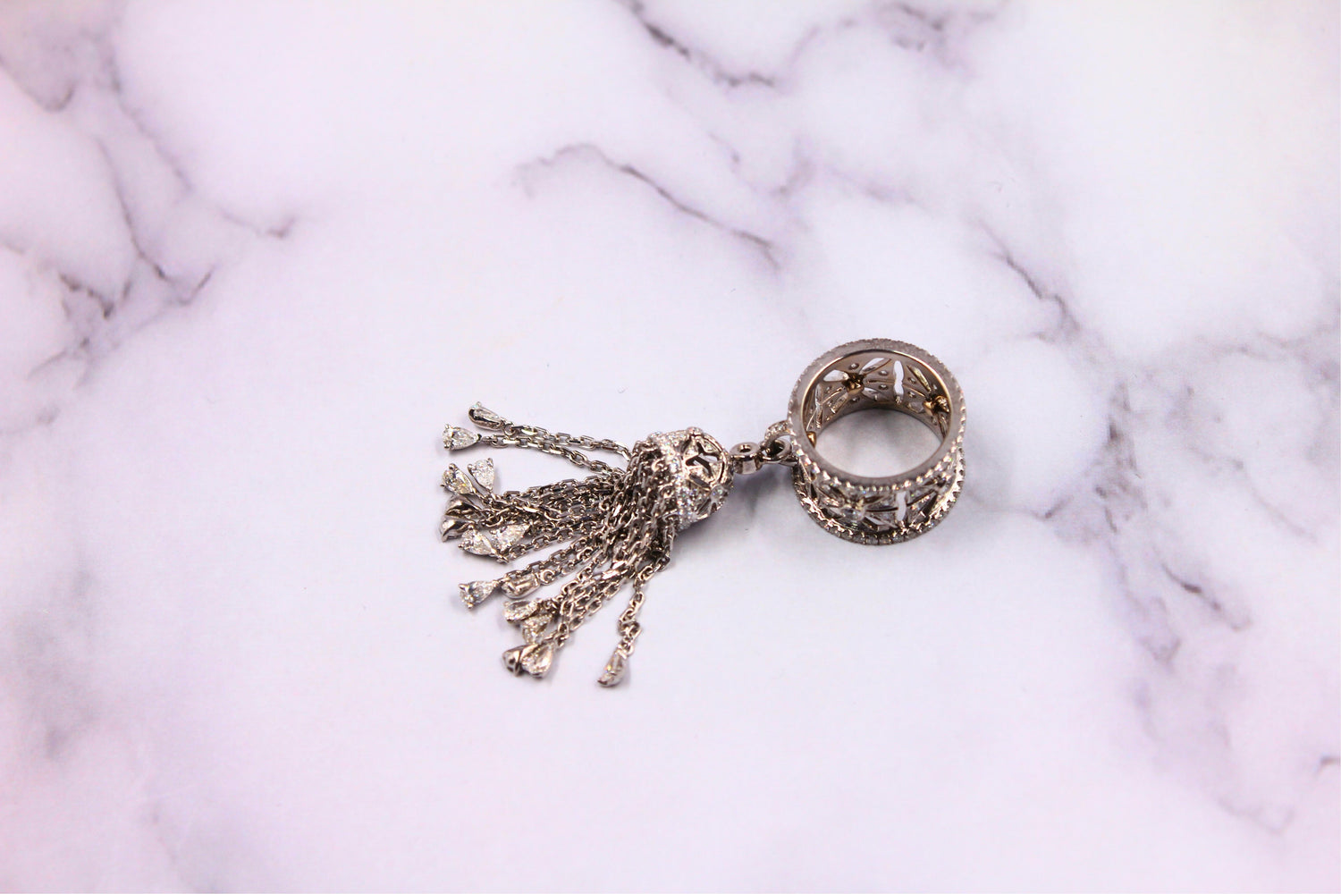 Diamond Fashion Pave Tassel Chains Geometric Crown Drop 18 Karat White Gold Ring