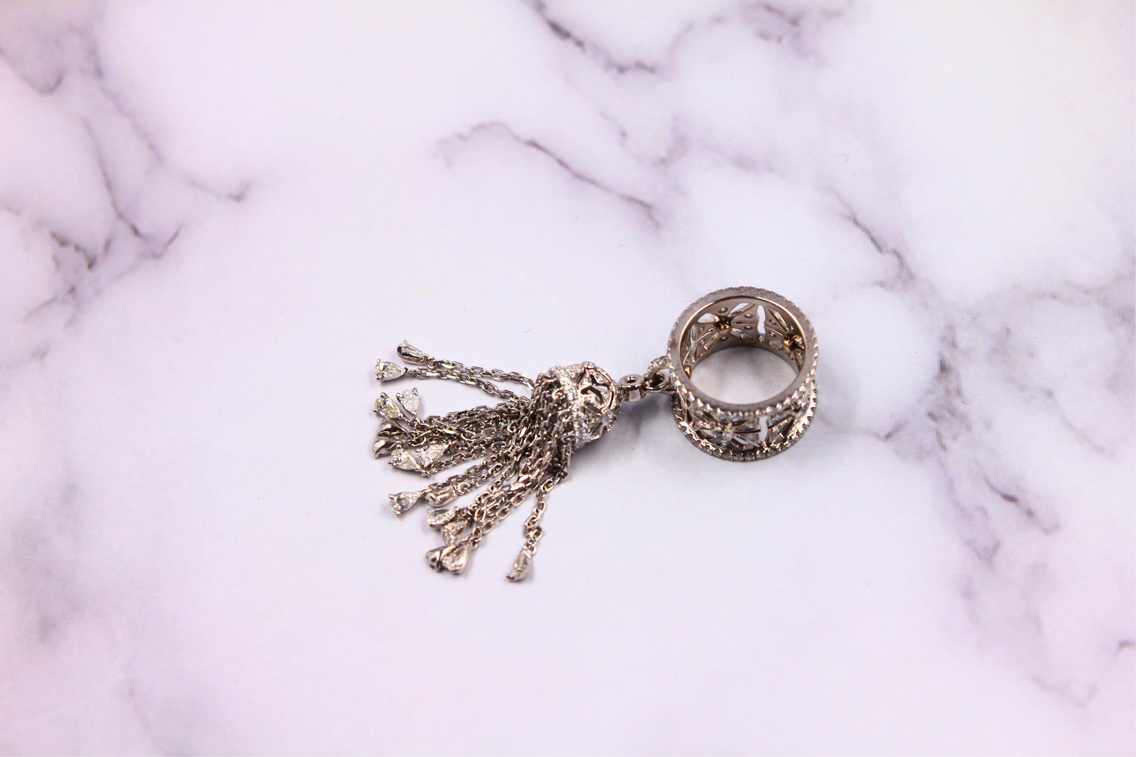 Diamond Fashion Pave Tassel Chains Geometric Crown Drop 18 Karat White Gold Ring