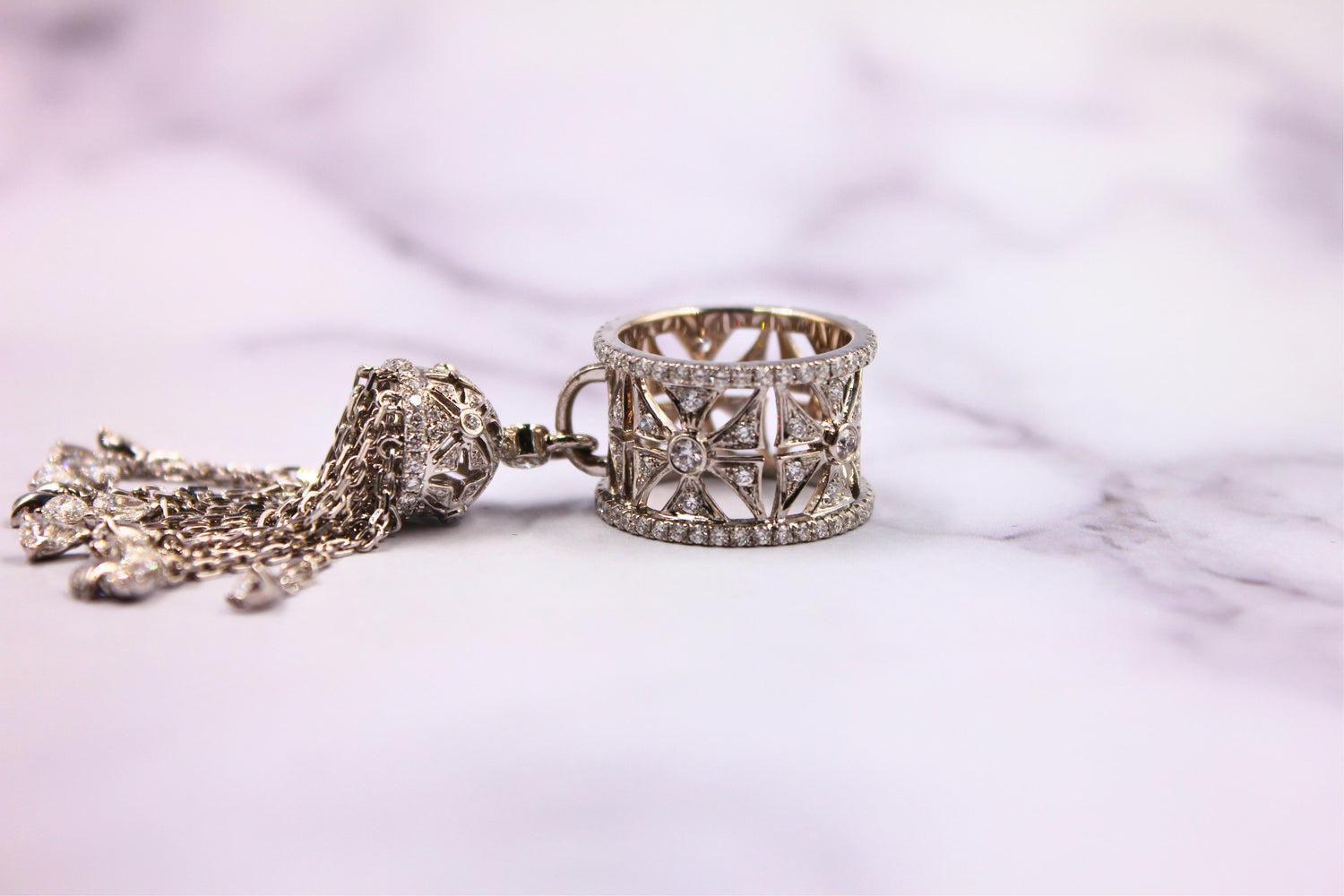 Diamond Fashion Pave Tassel Chains Geometric Crown Drop 18 Karat White Gold Ring