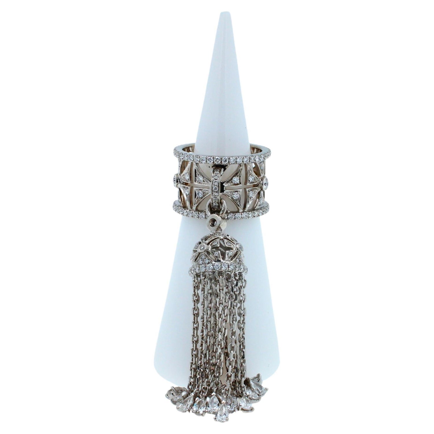 Diamond Fashion Pave Tassel Chains Geometric Crown Drop 18 Karat White Gold Ring