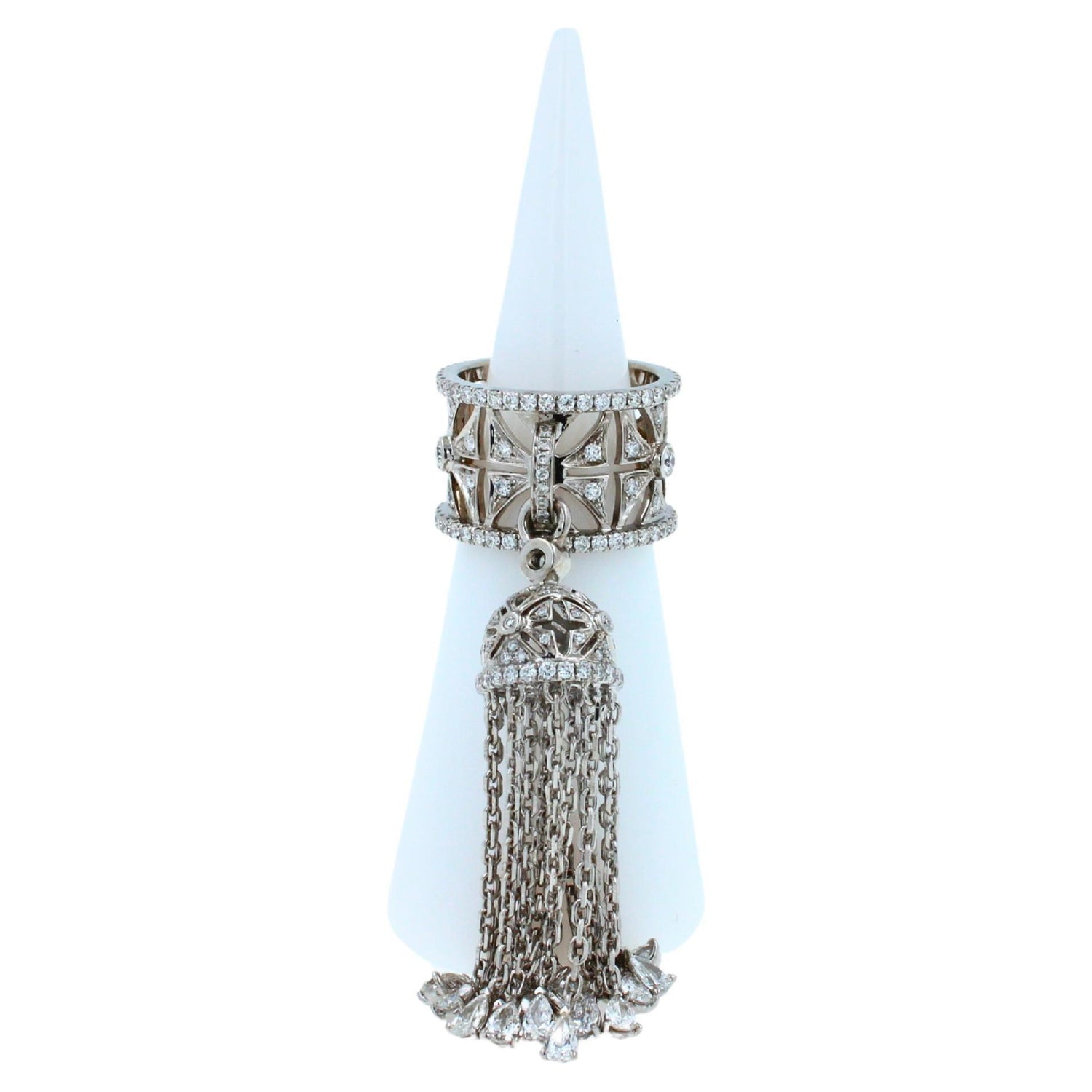 Diamond Fashion Pave Tassel Chains Geometric Crown Drop 18 Karat White Gold Ring