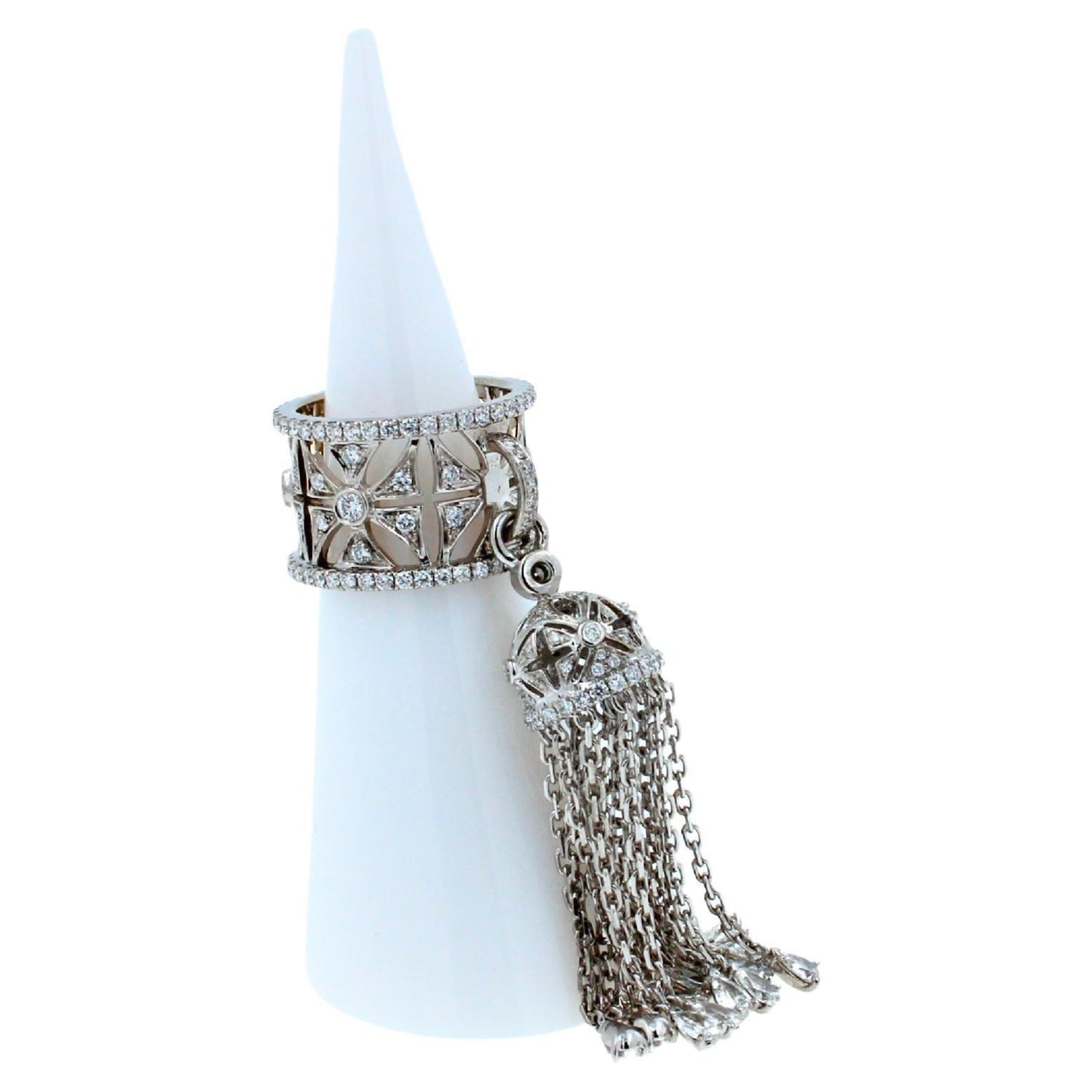 Diamond Fashion Pave Tassel Chains Geometric Crown Drop 18 Karat White Gold Ring