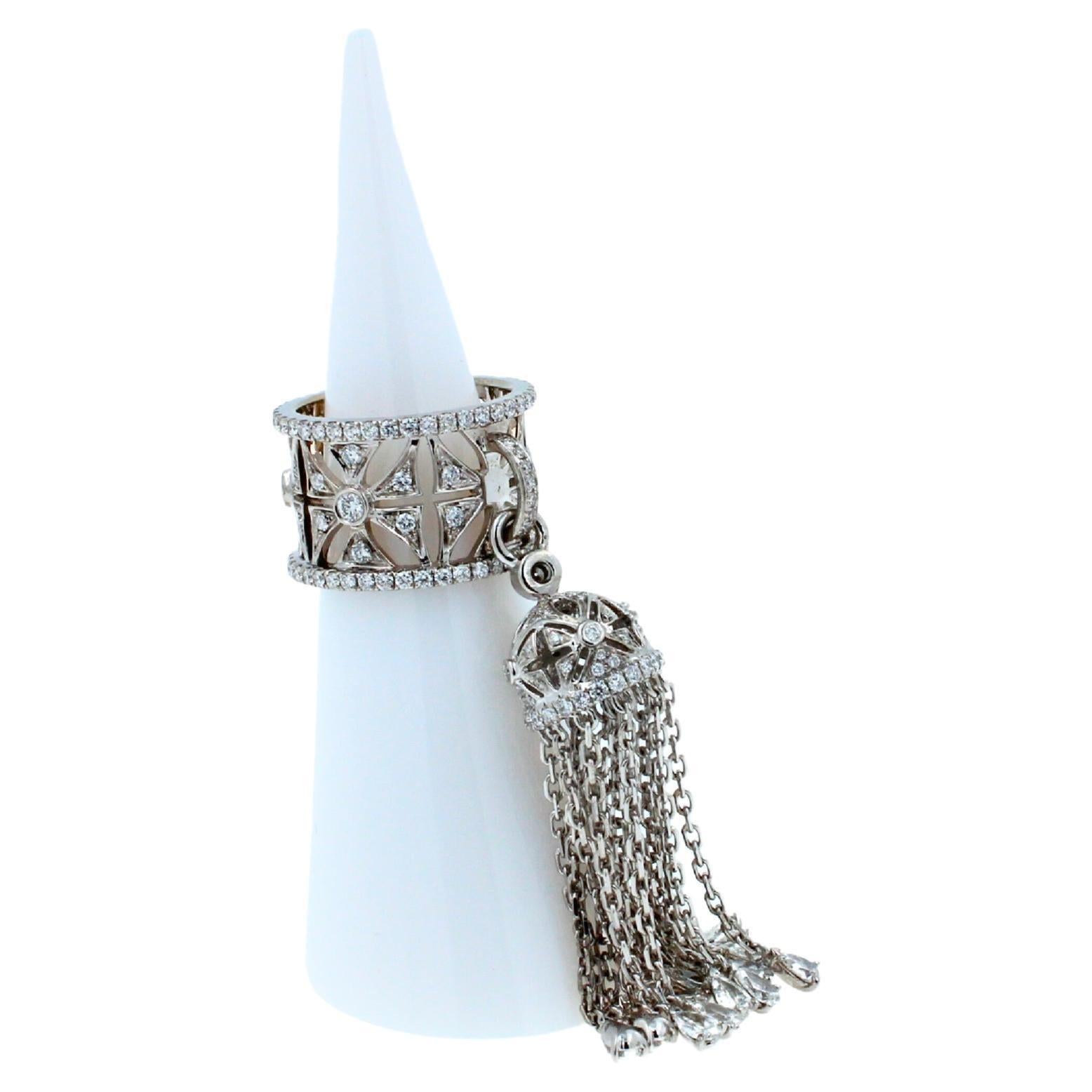 Diamond Fashion Pave Tassel Chains Geometric Crown Drop 18 Karat White Gold Ring