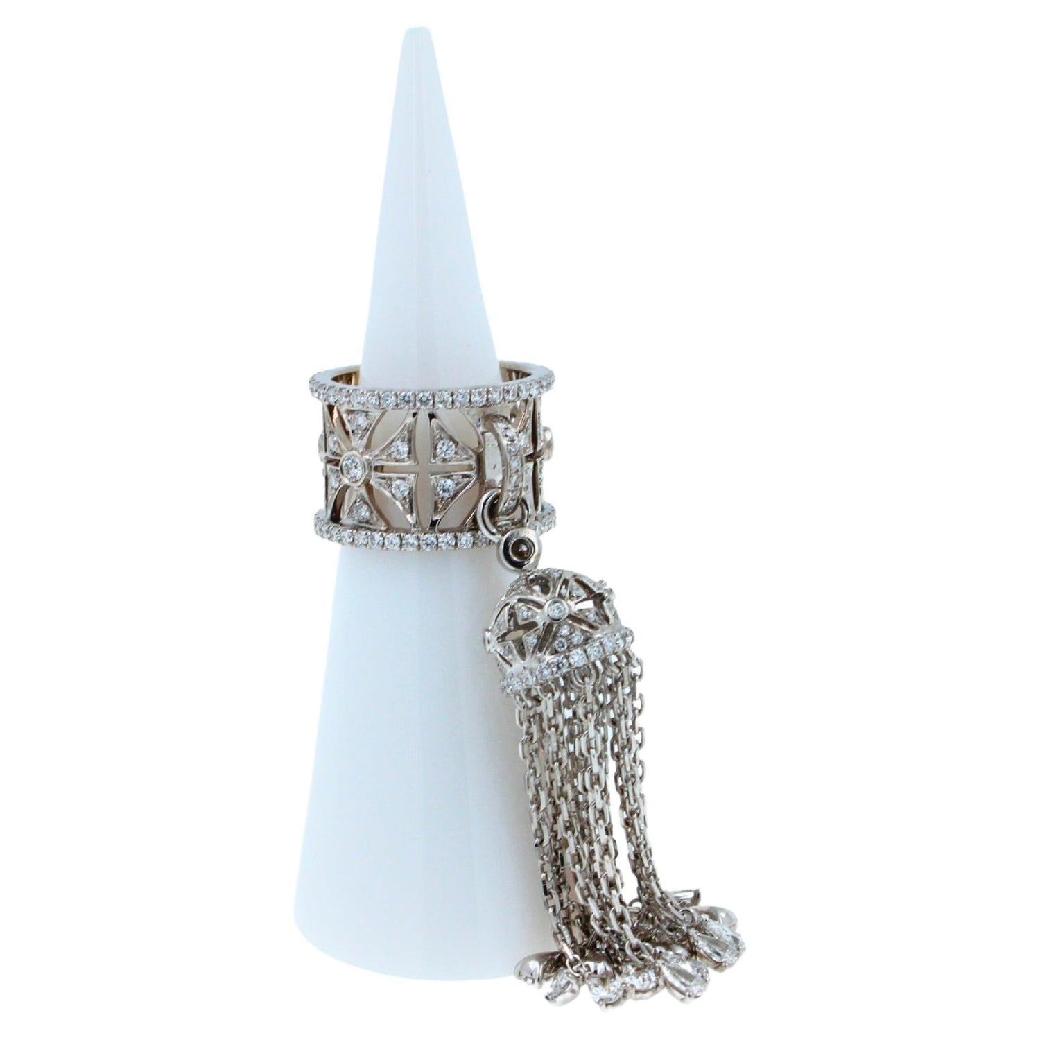 Diamond Fashion Pave Tassel Chains Geometric Crown Drop 18 Karat White Gold Ring