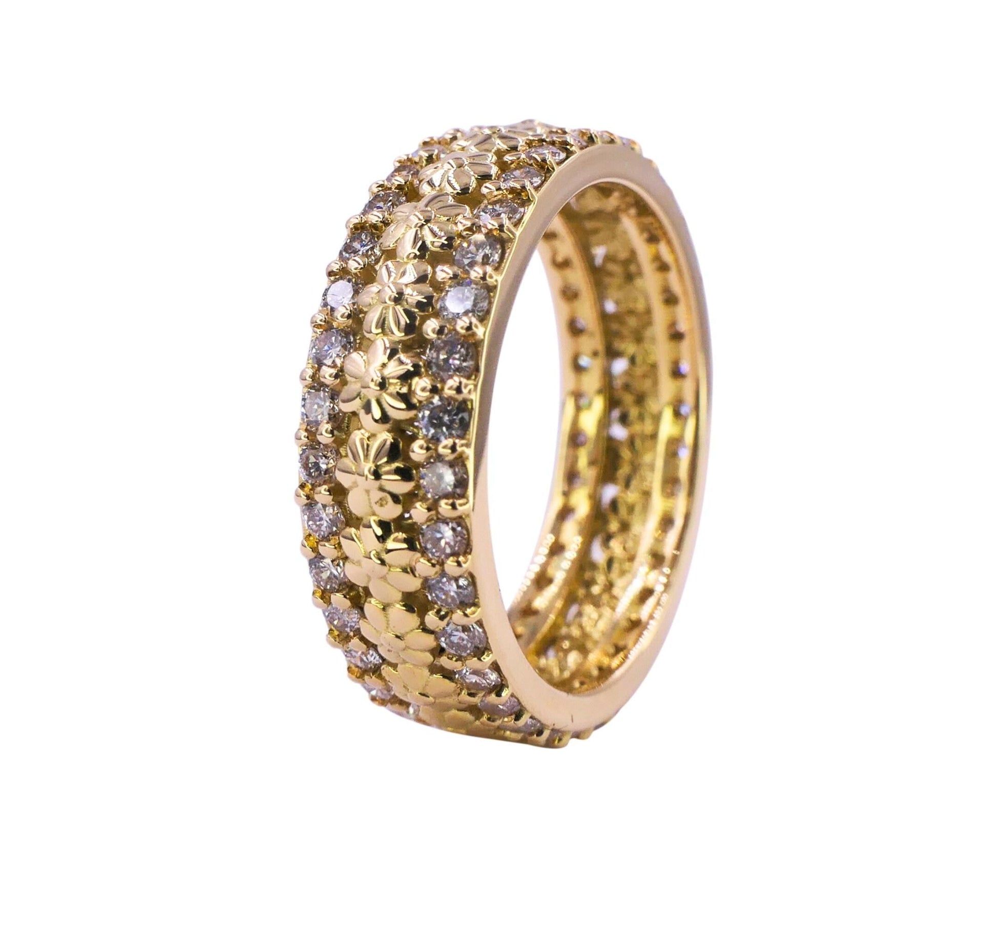Diamond Flower Nature Floral Flora Prong Set Eternity Wedding Band  18 Karat Yel