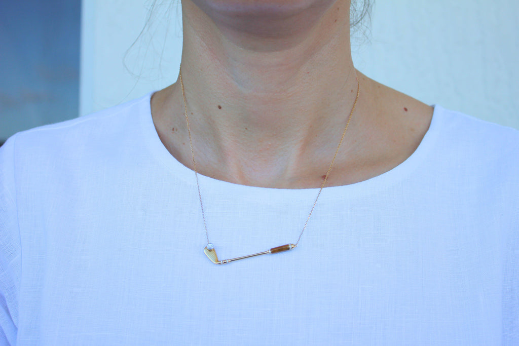 Diamond Golden Tiger's Eye Golf Club Birdie Charm Yellow Gold Necklace Pendant