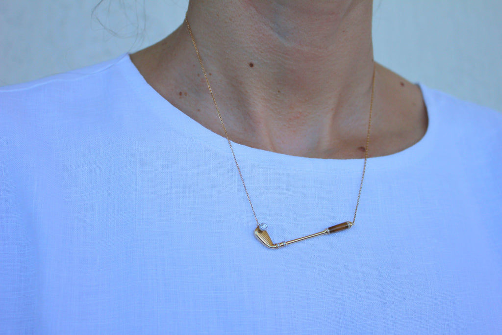 Diamond Golden Tiger's Eye Golf Club Birdie Charm Yellow Gold Necklace Pendant