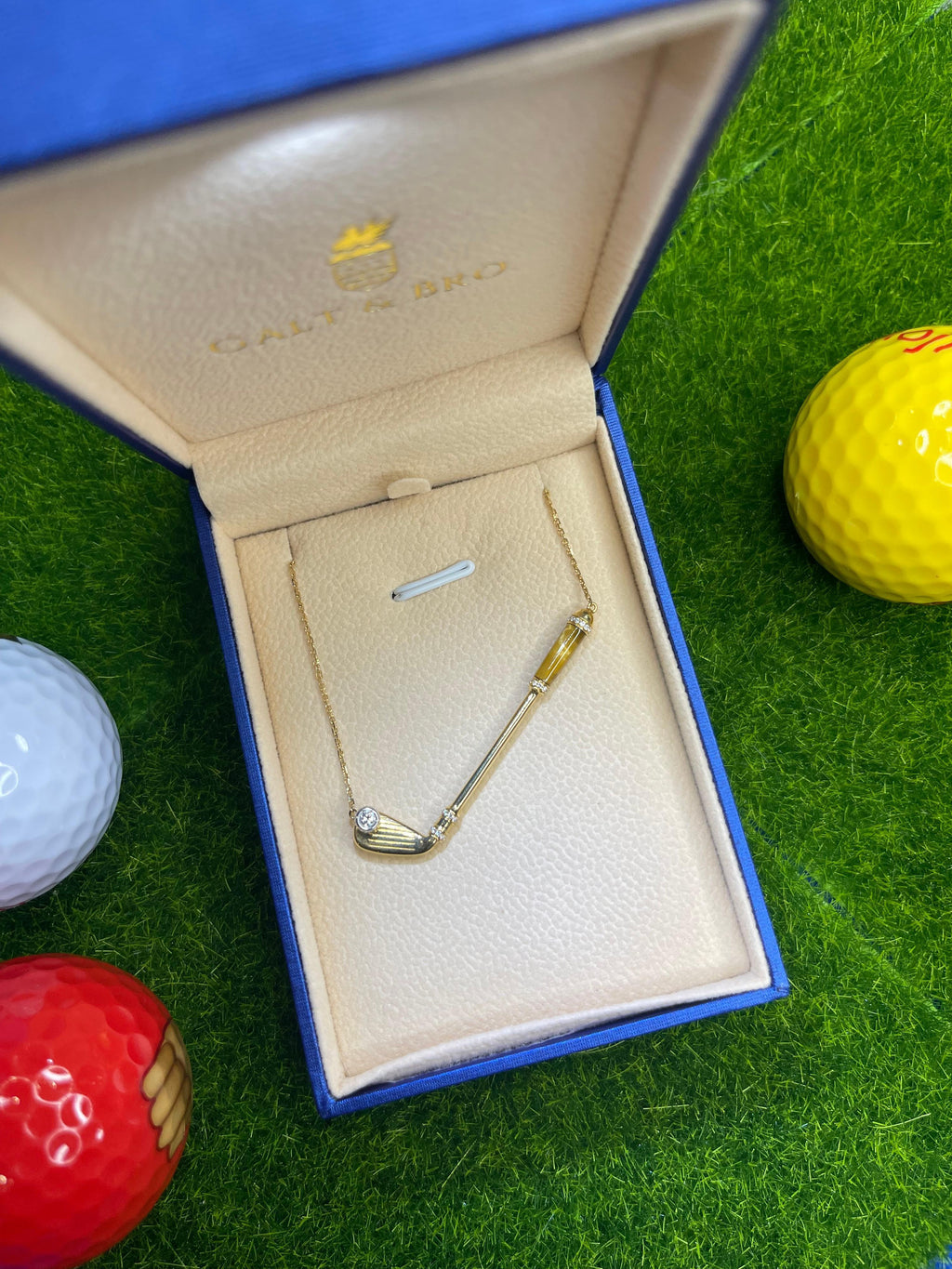 Diamond Golden Tiger's Eye Golf Club Birdie Charm Yellow Gold Necklace Pendant