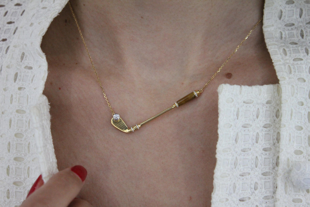 Diamond Golden Tiger's Eye Golf Club Birdie Charm Yellow Gold Necklace Pendant
