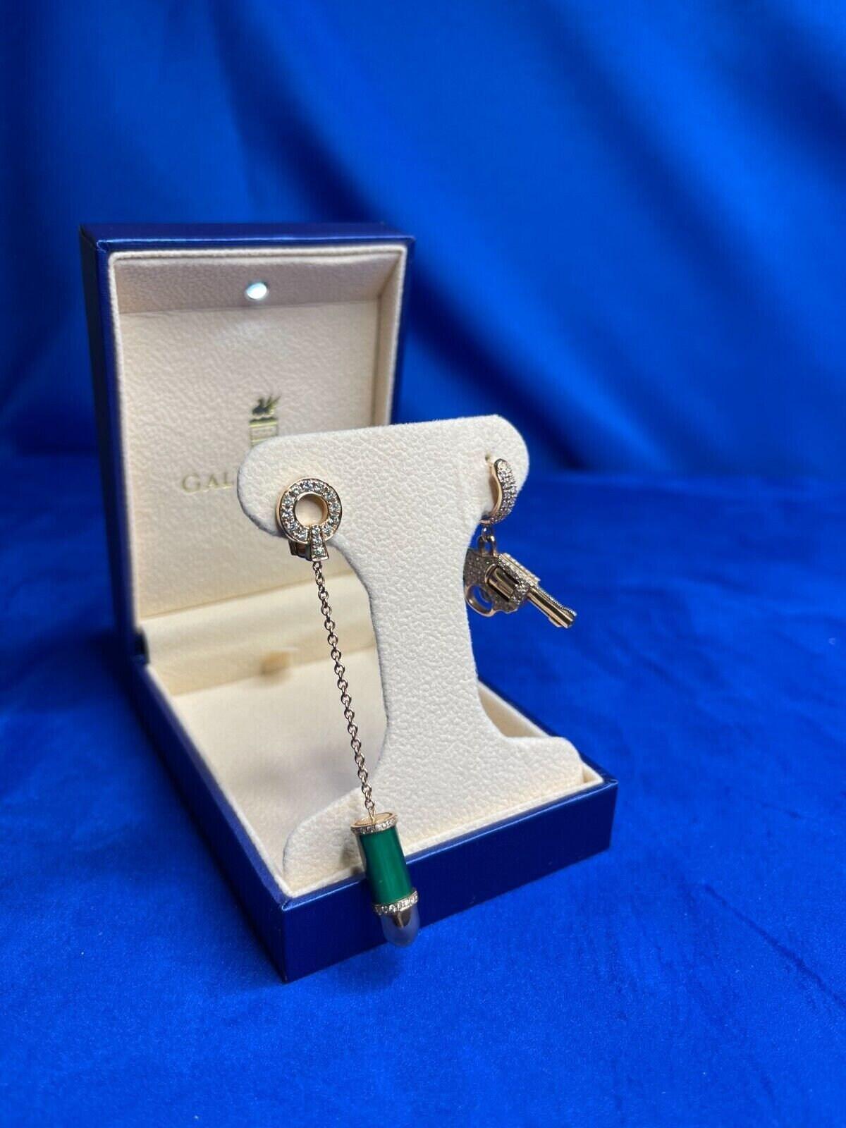 Diamond Green Malachite Bullet 18 Karat Rose Gold Circle Drop Chain Earring