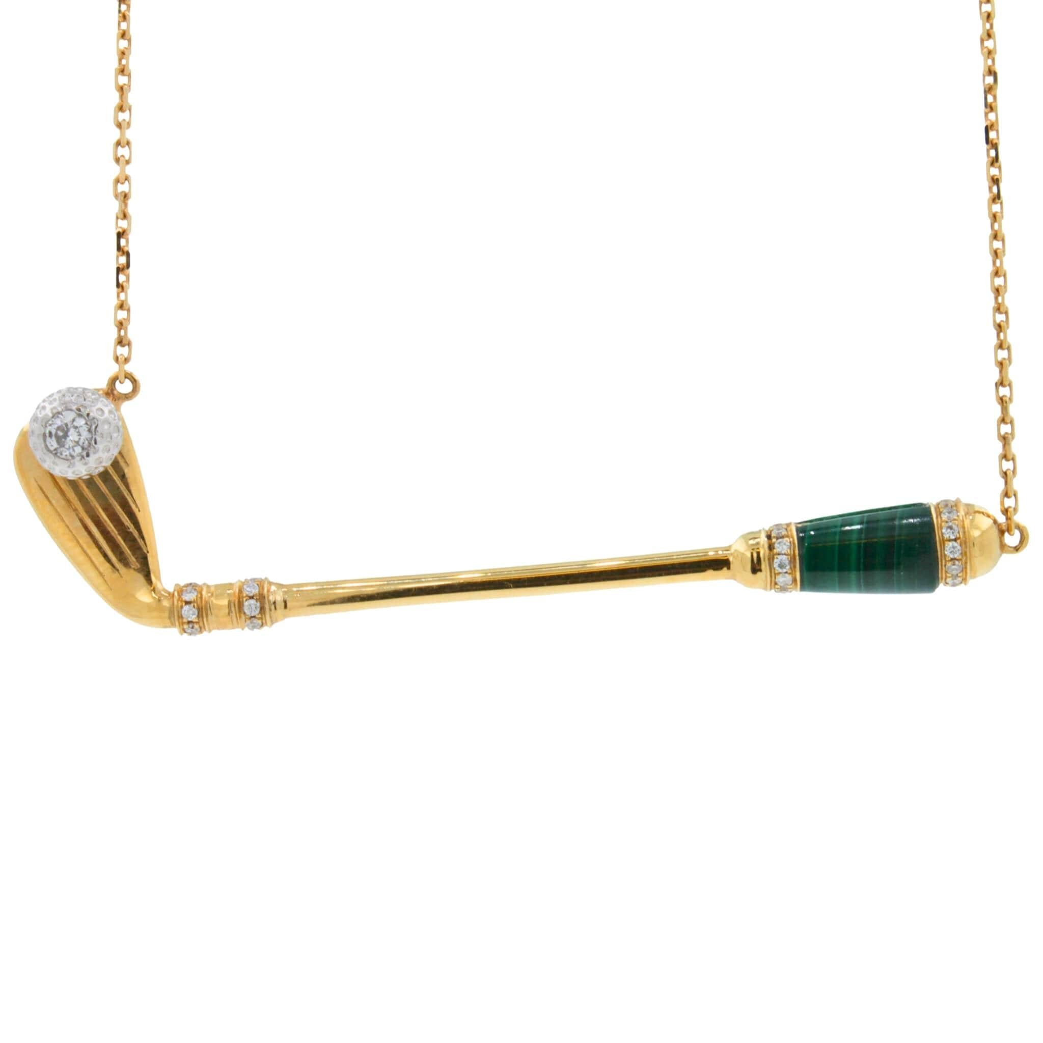 Diamond Green Malachite Golf Club Birdie Jewelry 18 Karat White Gold Charm Penda