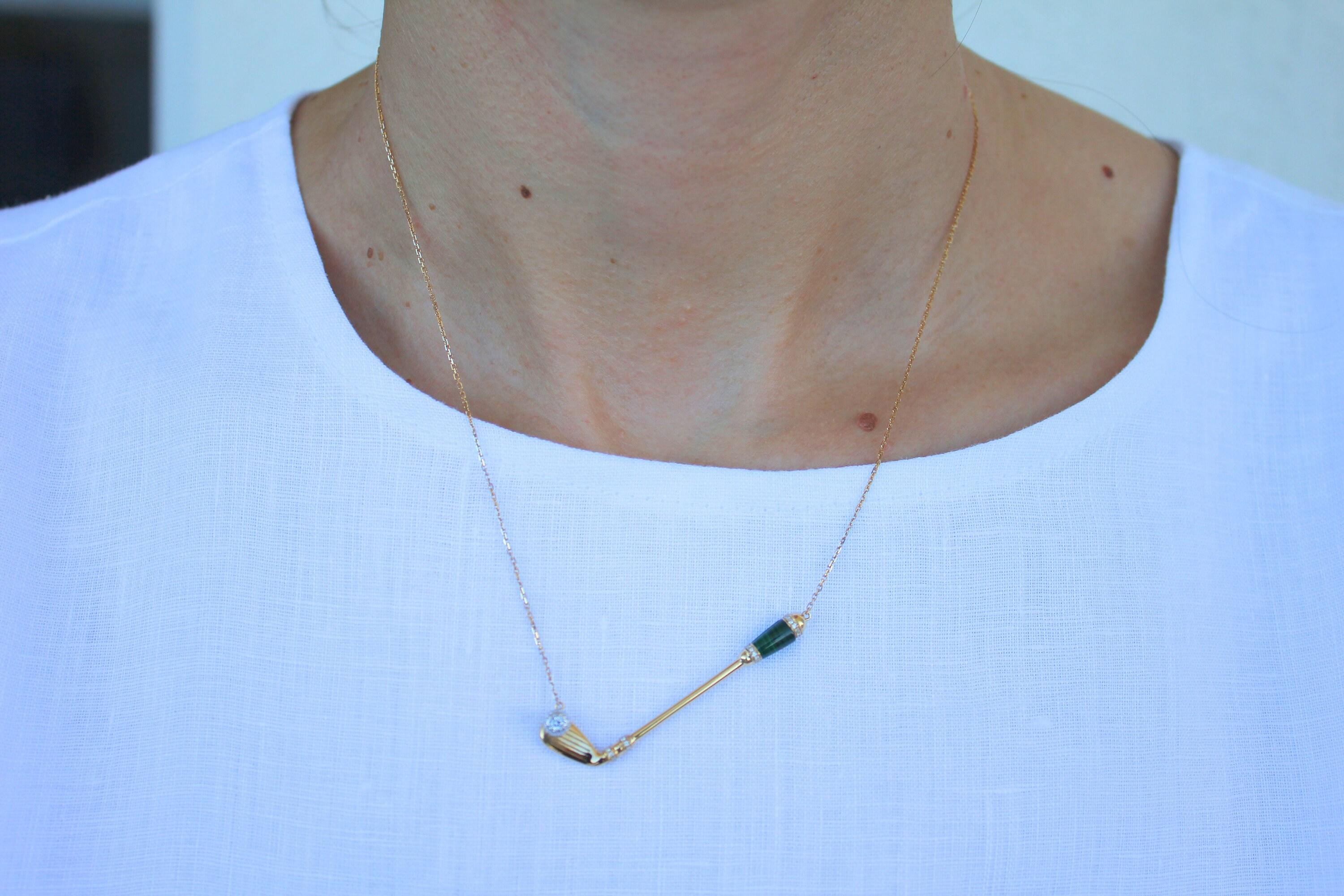 Diamond Green Malachite Golf Club Birdie Jewelry 18 Karat White Gold Charm Penda