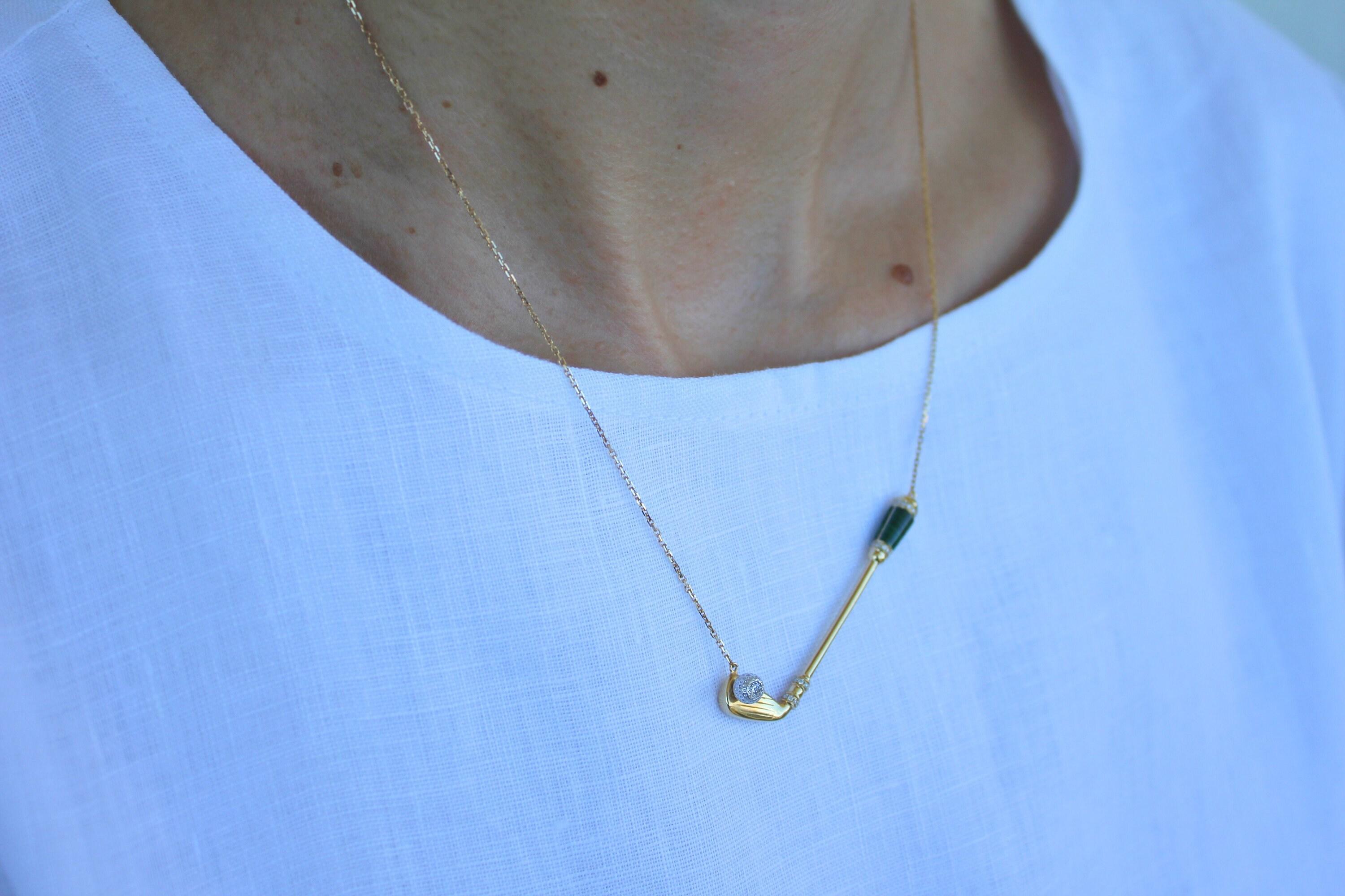 Diamond Green Malachite Golf Club Birdie Jewelry 18 Karat White Gold Charm Penda