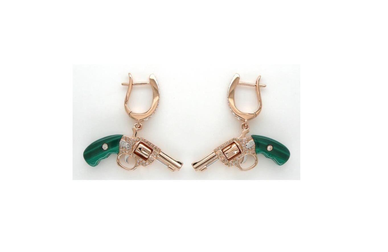 Diamond Green Malachite Gun Revolver 18 Kara Rose Gold Huggie Pave Drop Earrings