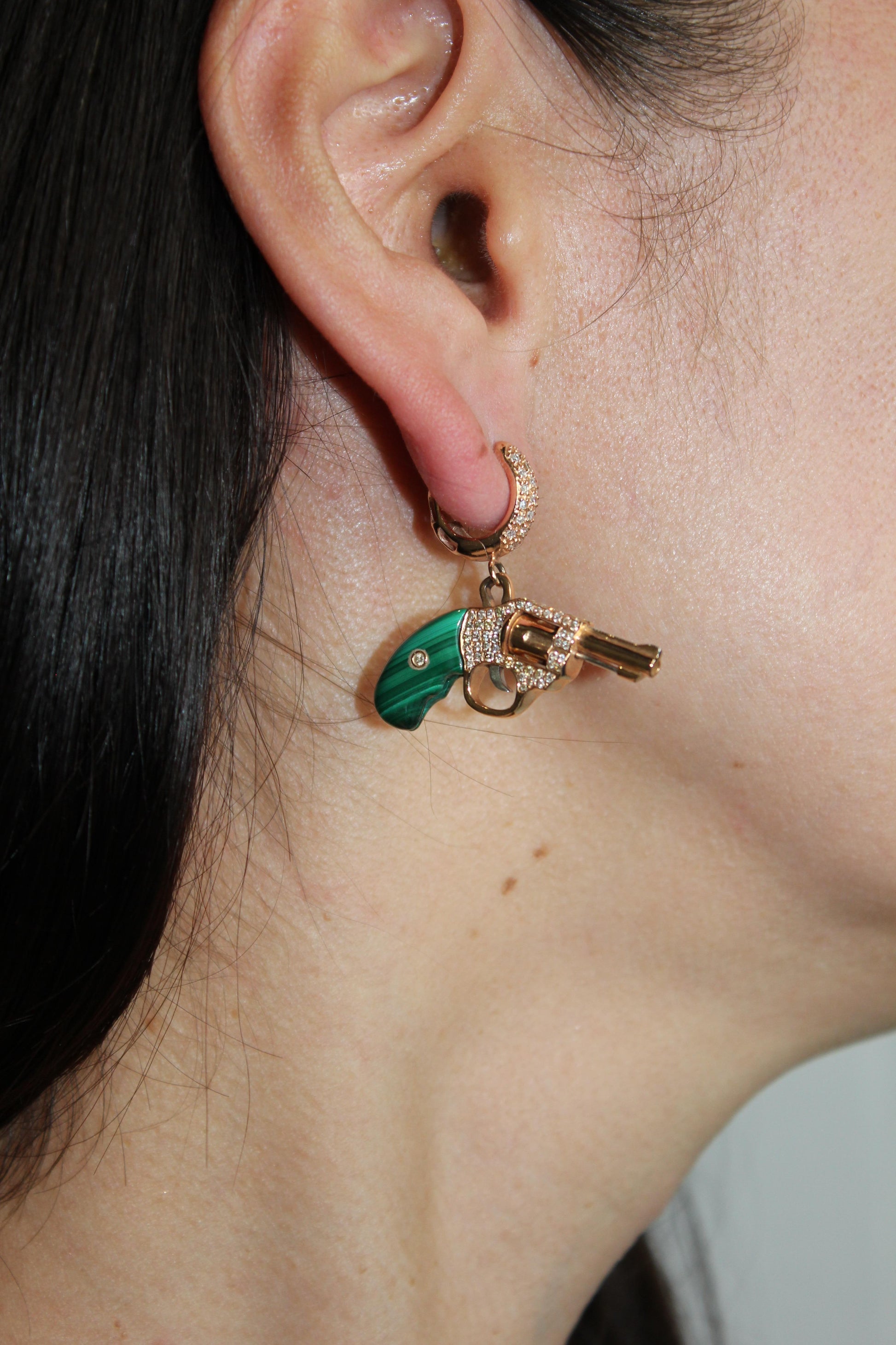 Diamond Green Malachite Gun Revolver 18 Kara Rose Gold Huggie Pave Drop Earrings