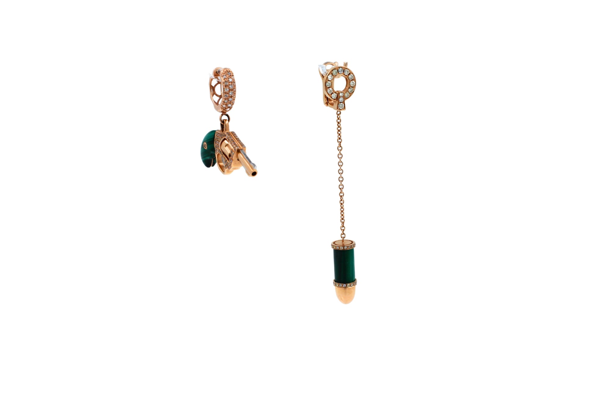 Diamond Green Malachite Gun Revolver 18 Kara Rose Gold Huggie Pave Drop Earrings