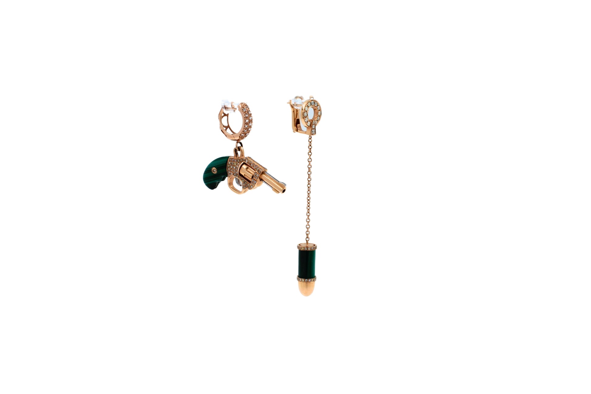 Diamond Green Malachite Gun Revolver 18 Kara Rose Gold Huggie Pave Drop Earrings