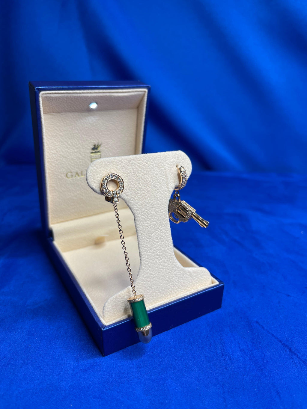 Diamond Green Malachite Gun Revolver 18 Karat Rose Gold Huggie Pave Drop Earring