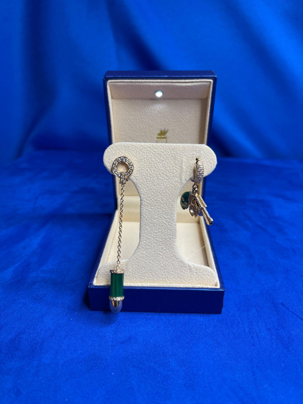 Diamond Green Malachite Gun Revolver 18 Karat Rose Gold Huggie Pave Drop Earring
