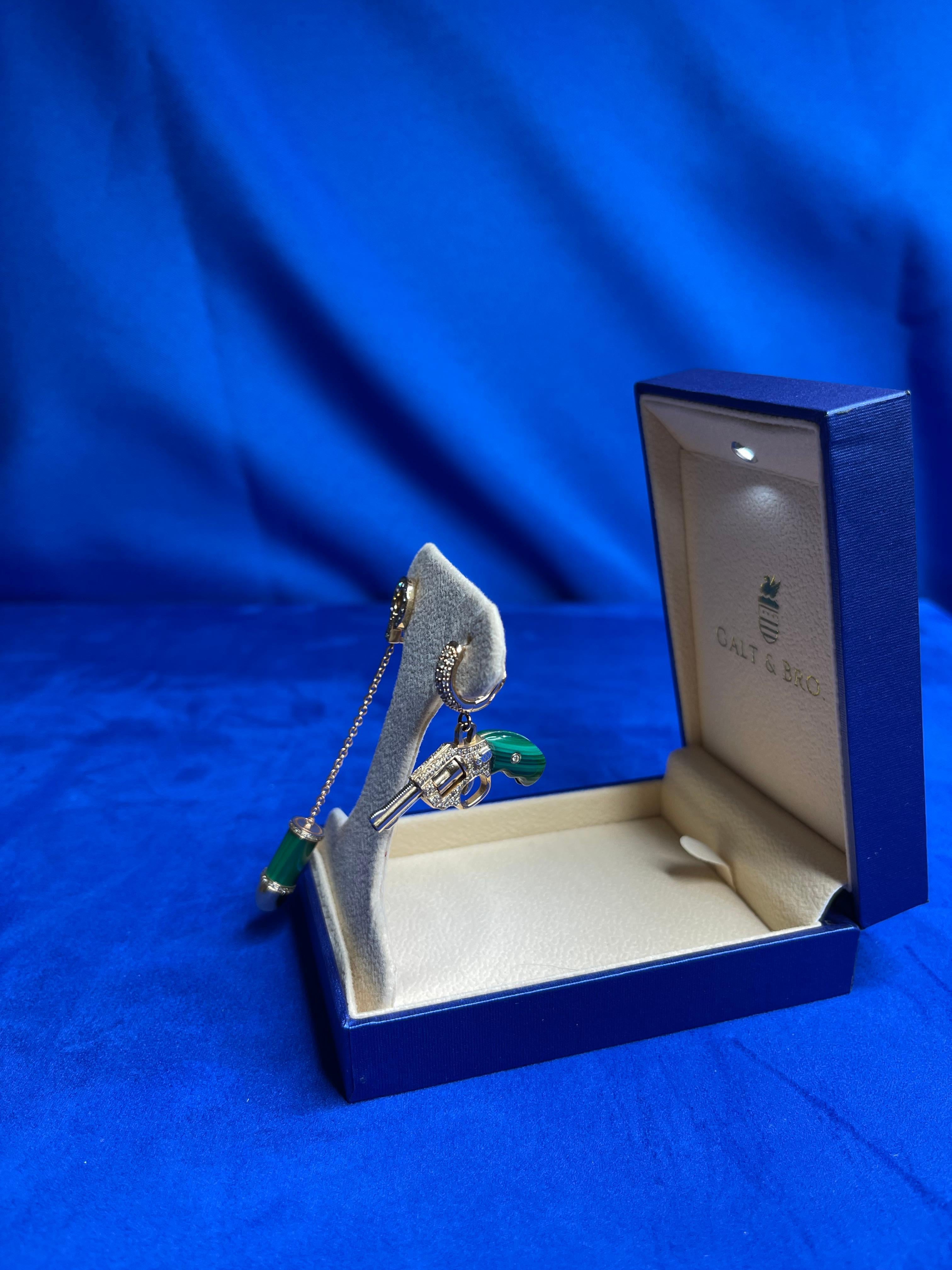 Diamond Green Malachite Gun Revolver 18 Karat Rose Gold Huggie Pave Drop Earring