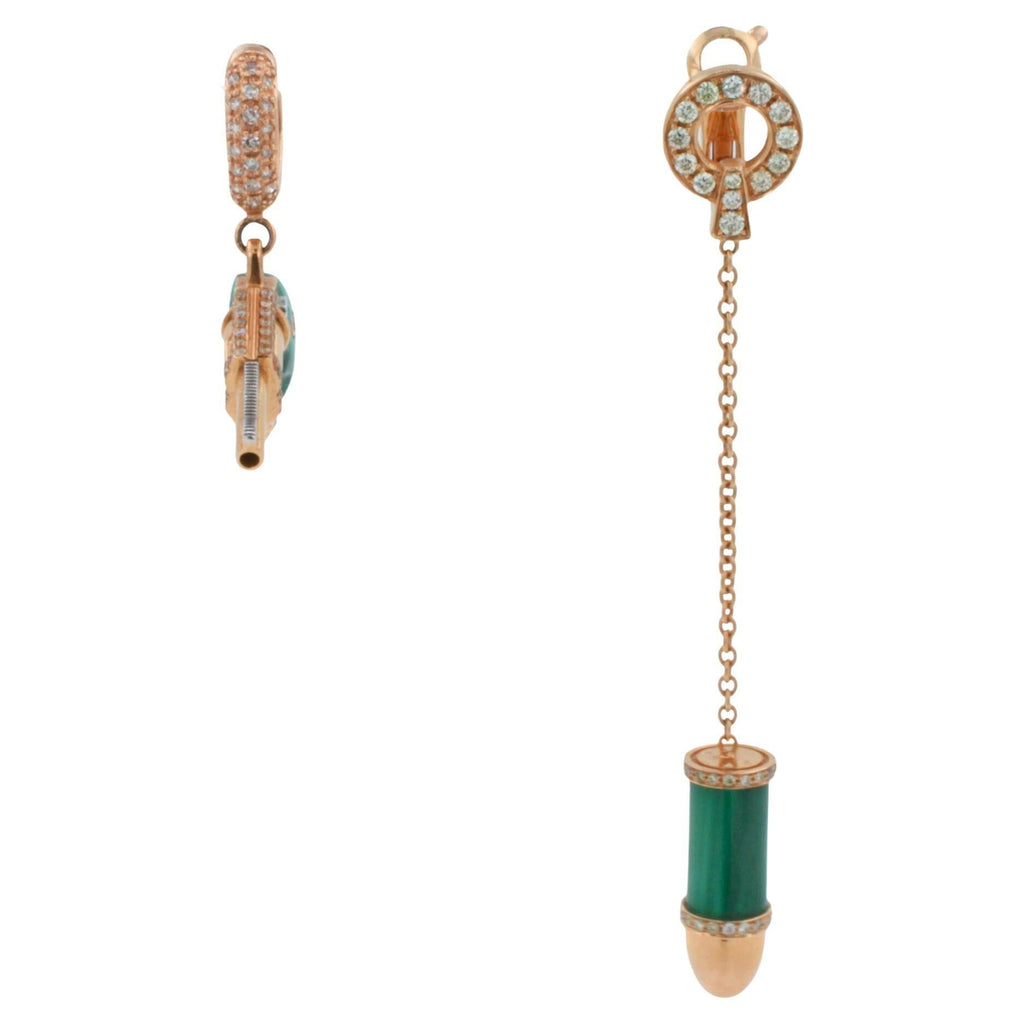 Diamond Green Malachite Pave Bullet 18 Karat Rose Gold Circle Drop Chain Earring