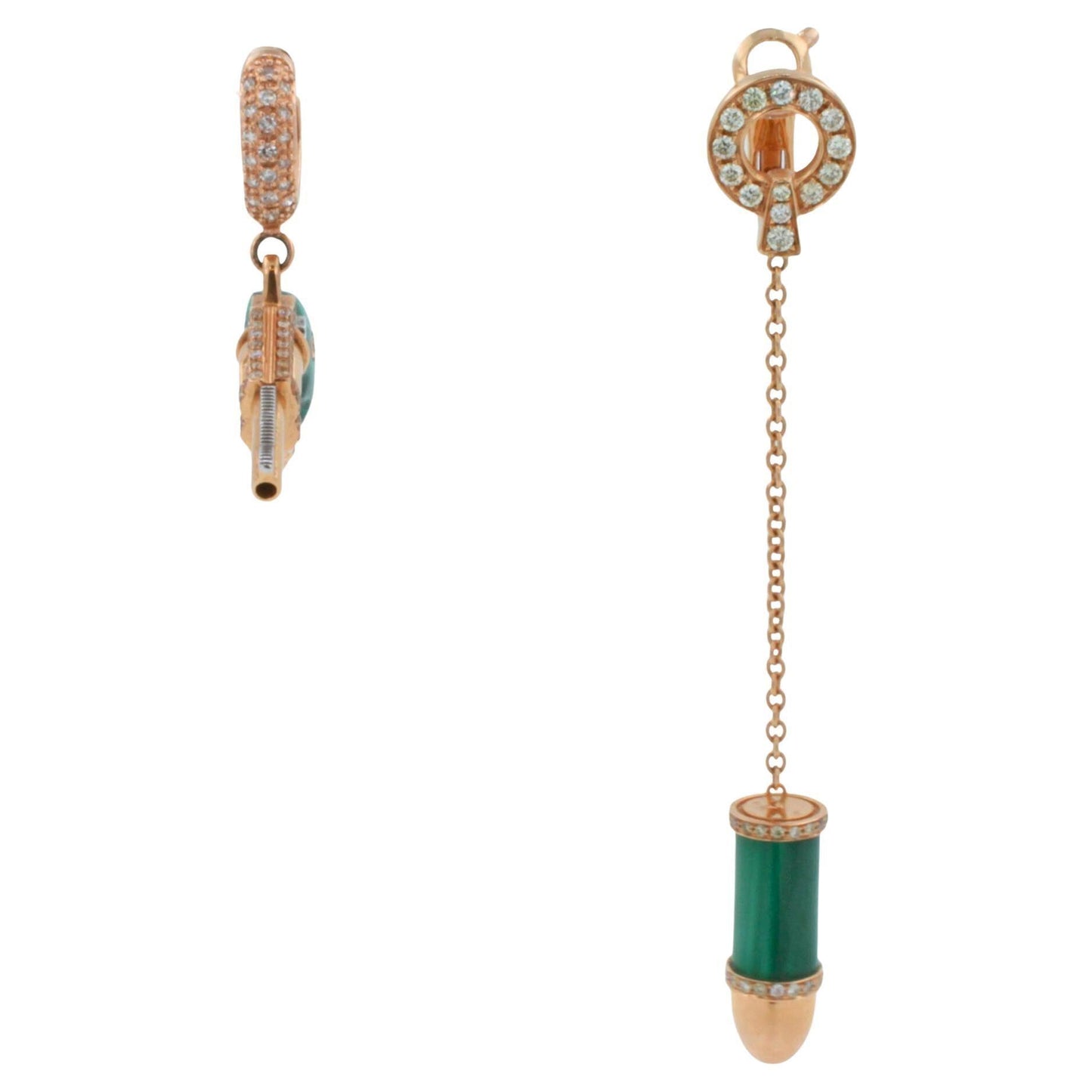 diamond green malachite pave bullet 18 karat rose gold circle drop chain earring