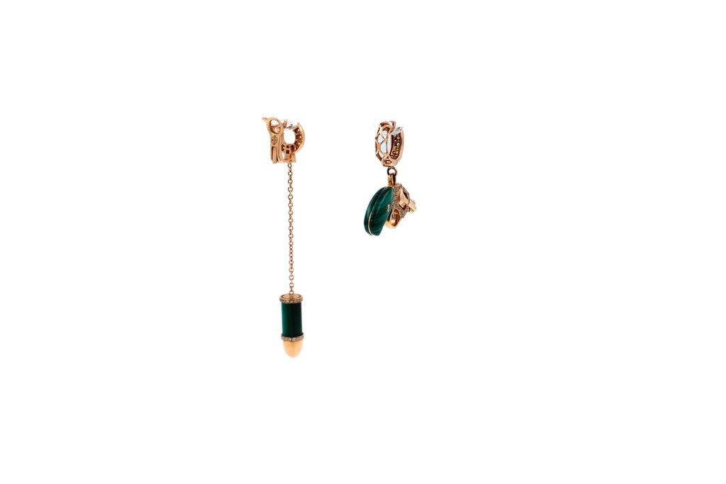 Diamond Green Malachite Pave Bullet 18 Karat Rose Gold Circle Drop Chain Earring