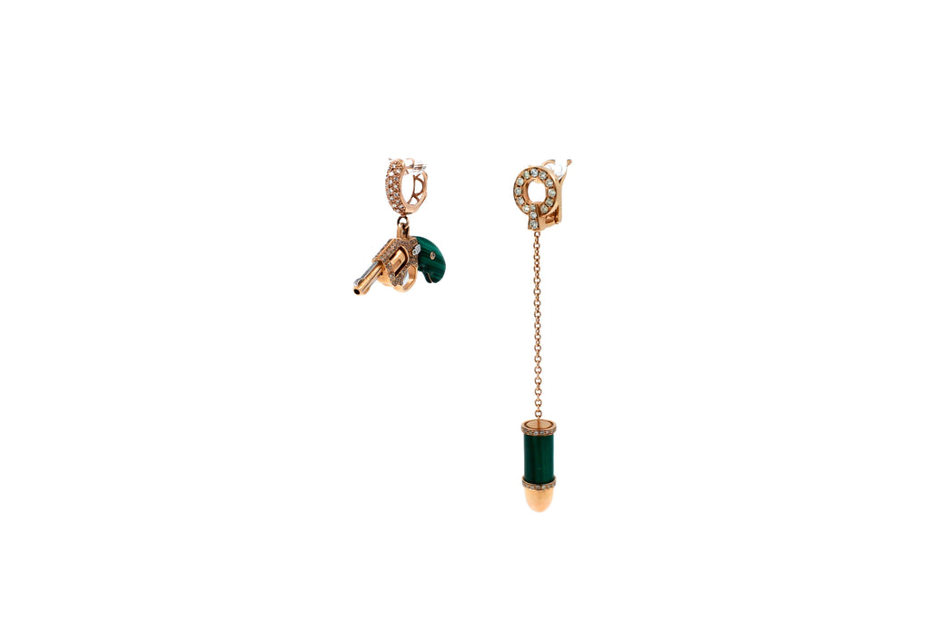 Diamond Green Malachite Pave Bullet 18 Karat Rose Gold Circle Drop Chain Earring