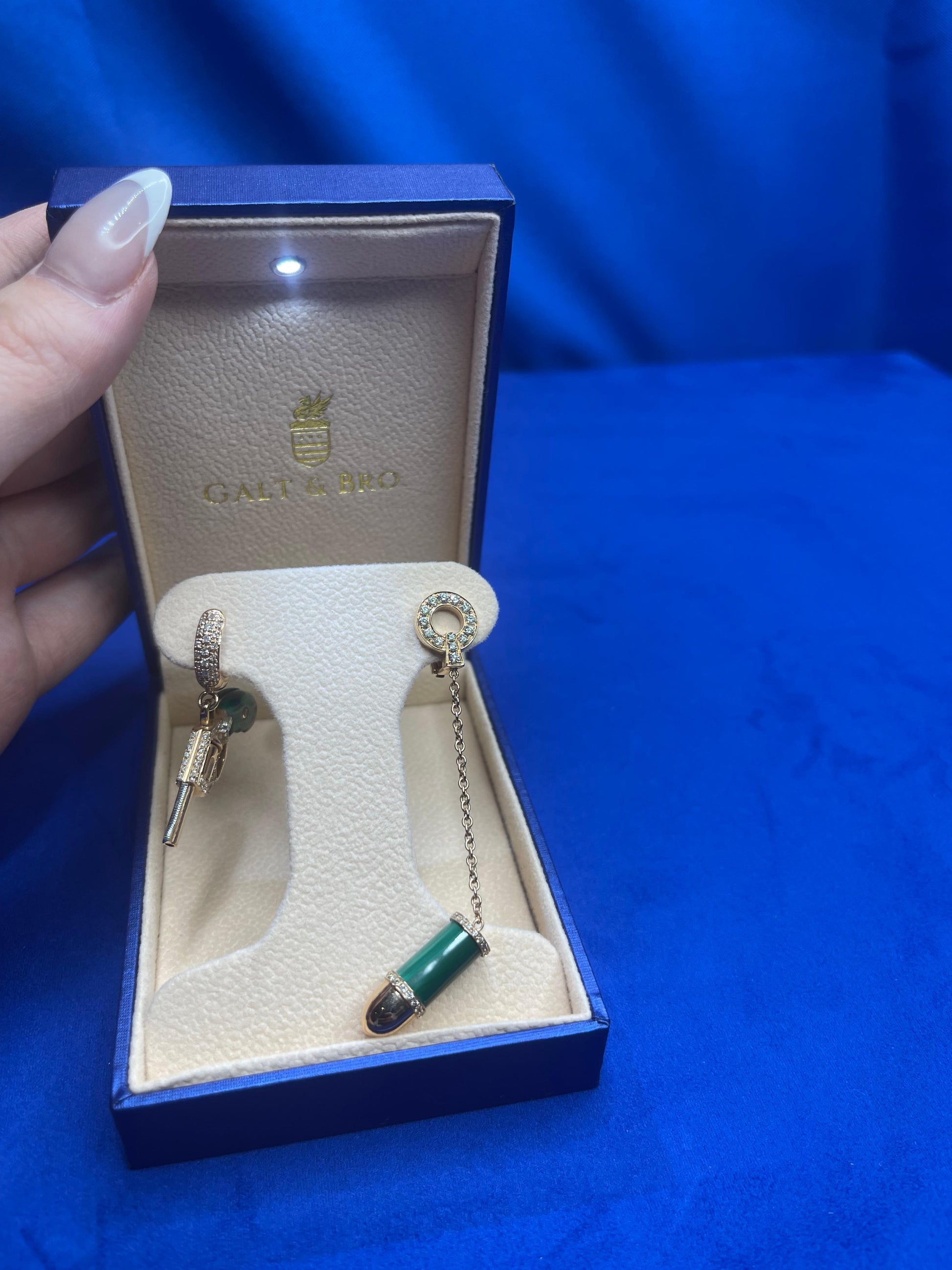 Diamond Green Malachite Pave Bullet 18 Karat Rose Gold Circle Drop Chain Earring