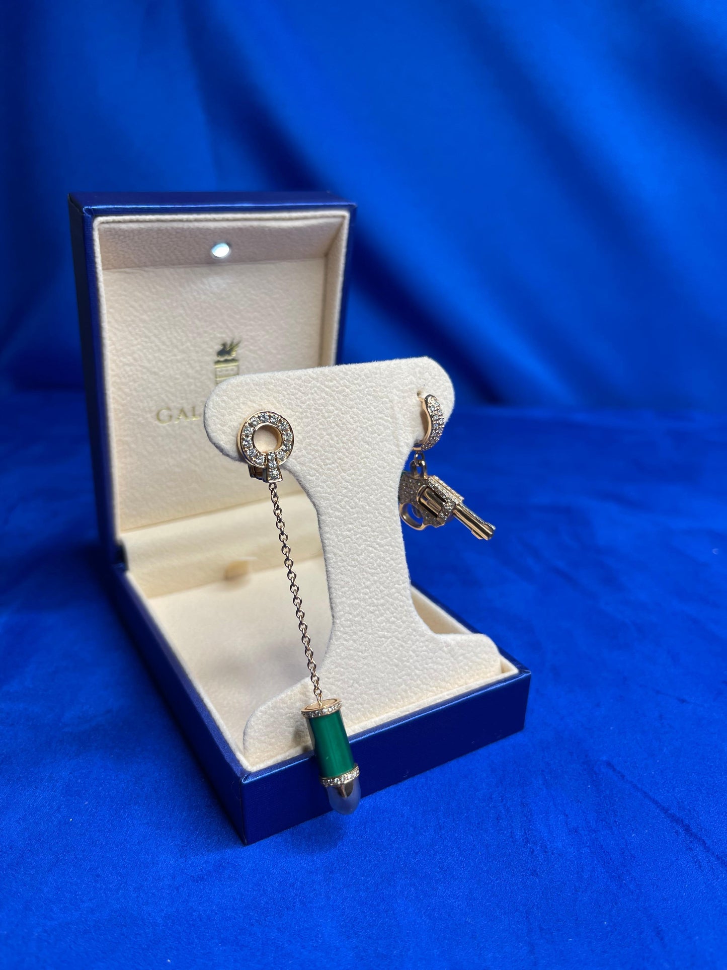 diamond green malachite pave bullet 18 karat rose gold circle drop chain earring