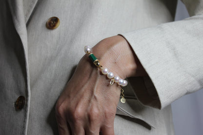 Diamond Green Malachite Pave Rocket Bullet Gold South Sea Pearl Chain Bracelet