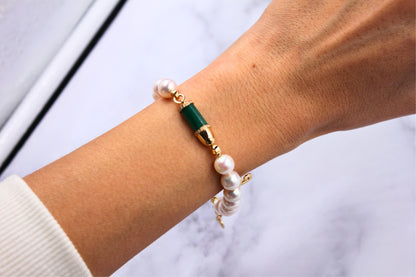 Diamond Green Malachite Pave Rocket Bullet Gold South Sea Pearl Chain Bracelet
