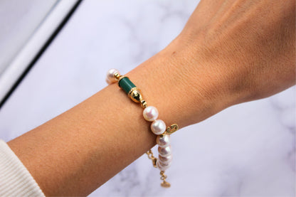 Diamond Green Malachite Pave Rocket Bullet Gold South Sea Pearl Chain Bracelet