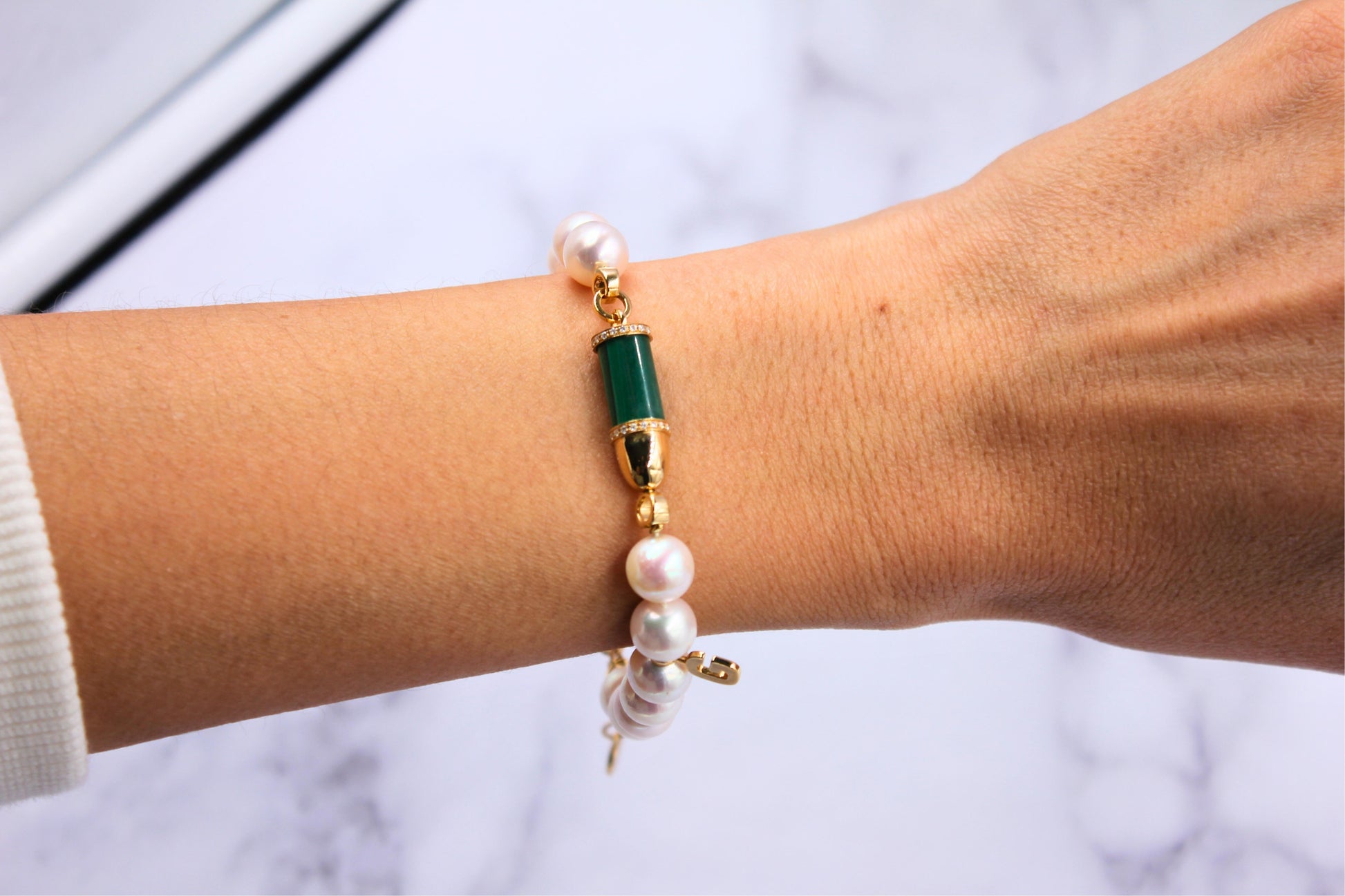 Diamond Green Malachite Pave Rocket Bullet Gold South Sea Pearl Chain Bracelet