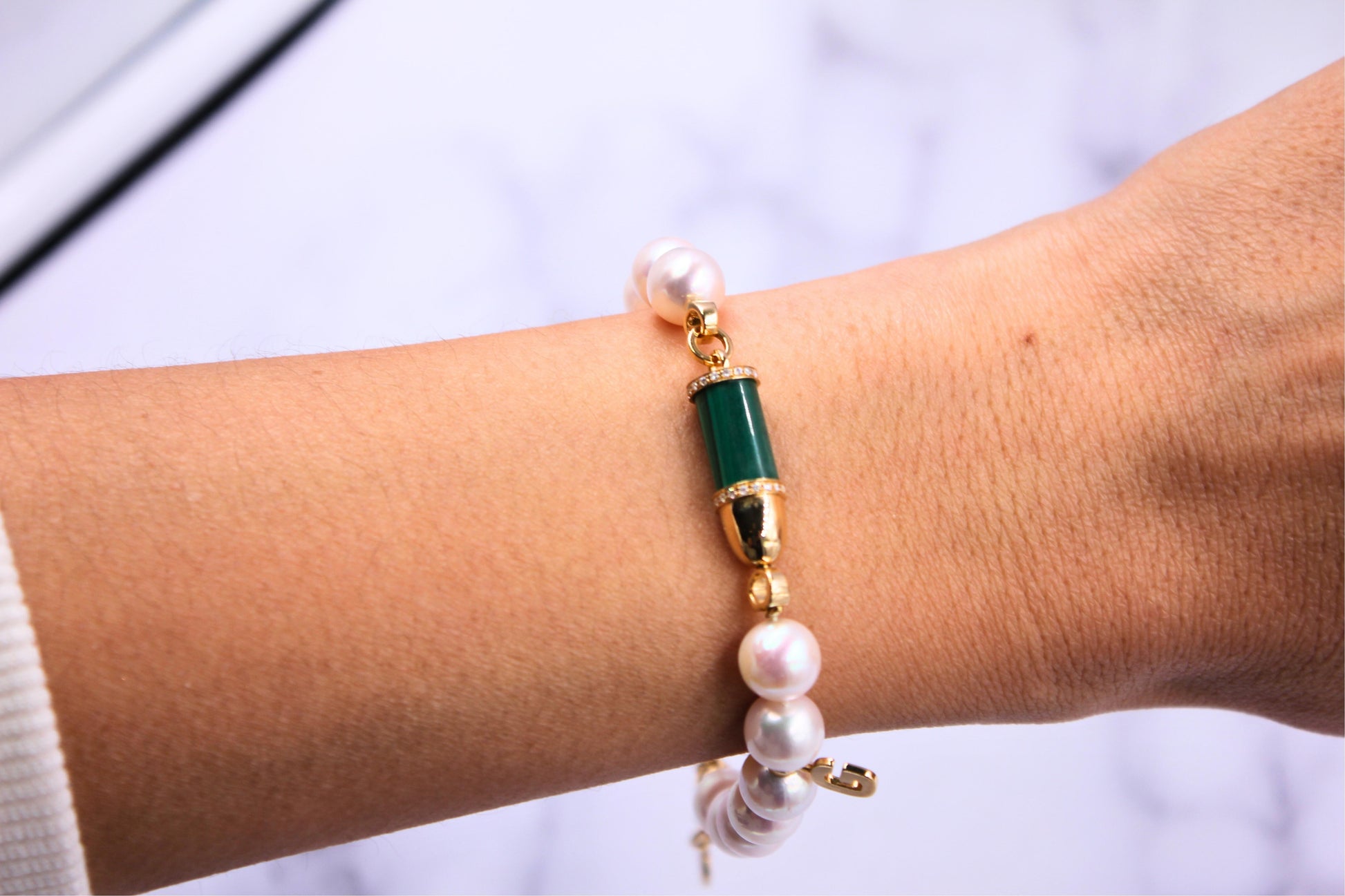 Diamond Green Malachite Pave Rocket Bullet Gold South Sea Pearl Chain Bracelet