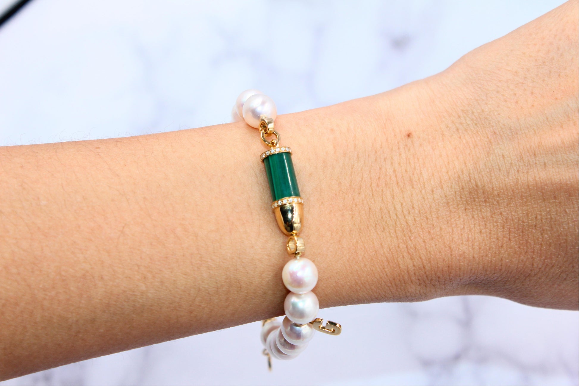 Diamond Green Malachite Pave Rocket Bullet Gold South Sea Pearl Chain Bracelet