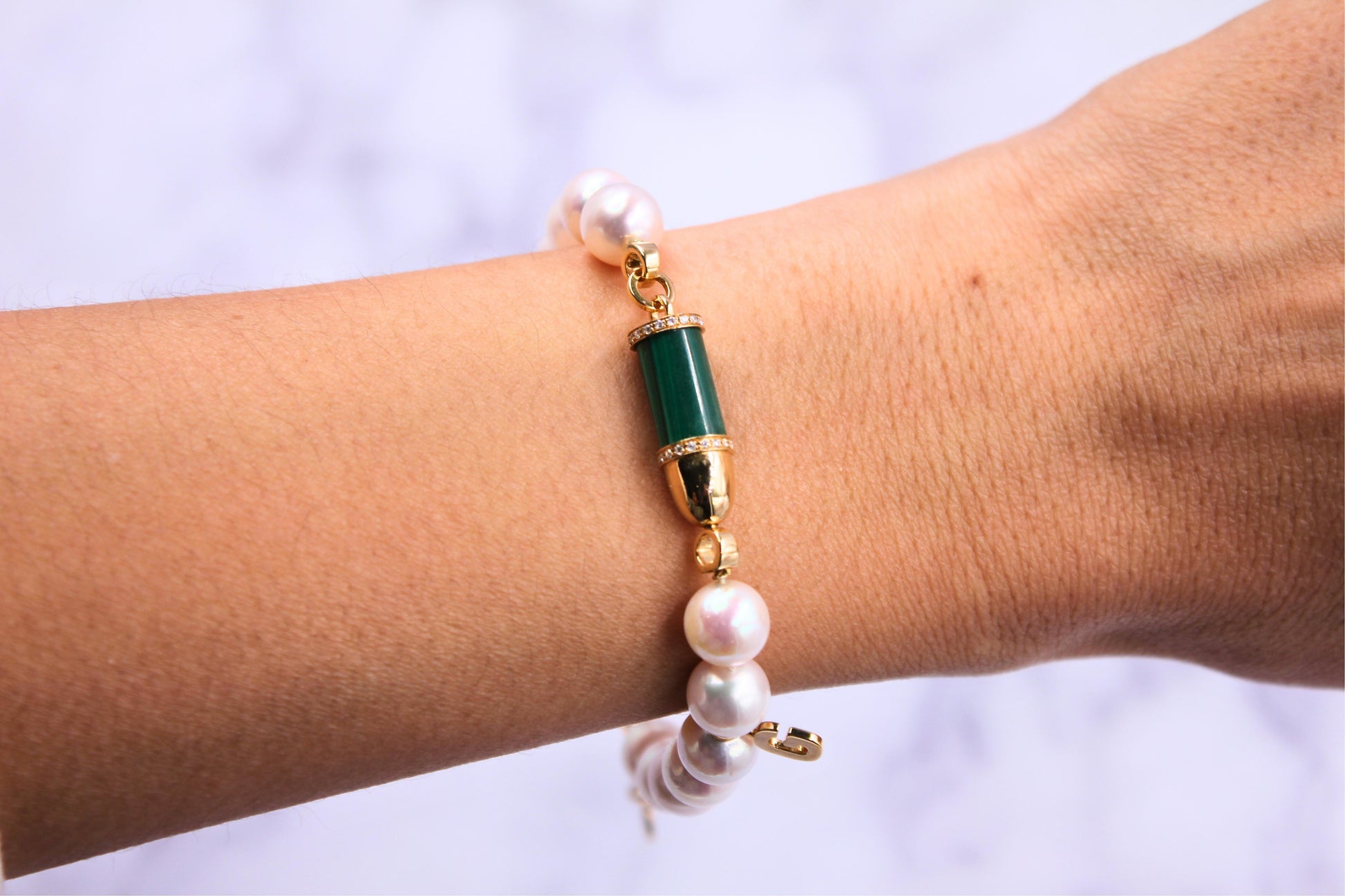 Diamond Green Malachite Pave Rocket Bullet Gold South Sea Pearl Chain Bracelet