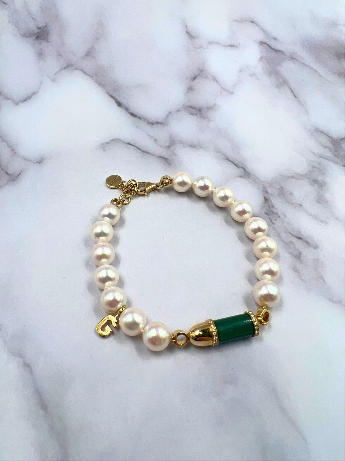 Diamond Green Malachite Pave Rocket Bullet Gold South Sea Pearl Chain Bracelet