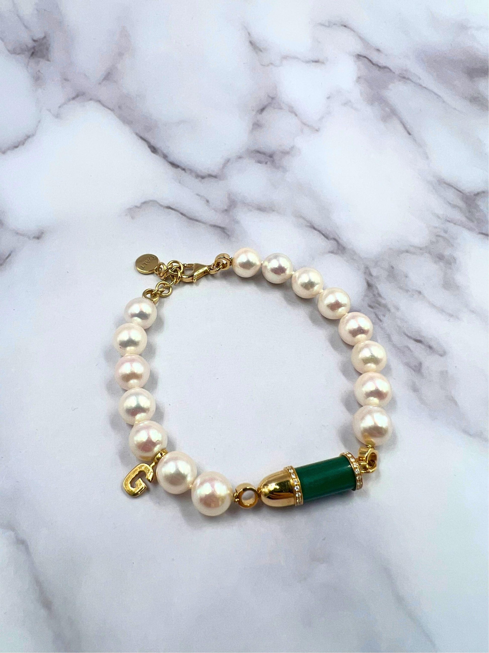 Diamond Green Malachite Pave Rocket Bullet Gold South Sea Pearl Chain Bracelet