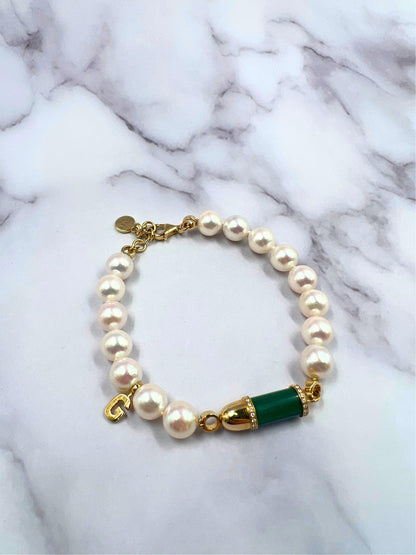 Diamond Green Malachite Pave Rocket Bullet Gold South Sea Pearl Chain Bracelet
