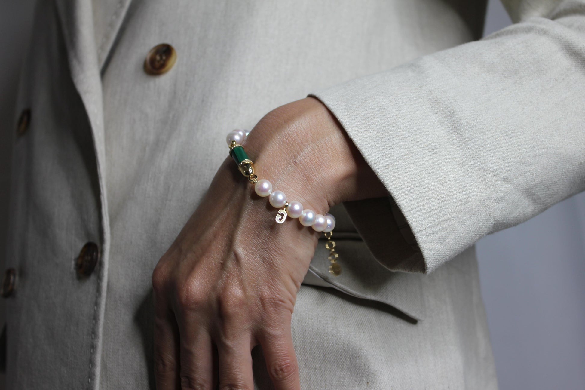 Diamond Green Malachite Pave Rocket Bullet Gold South Sea Pearl Chain Bracelet