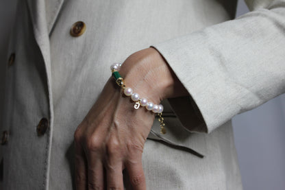 Diamond Green Malachite Pave Rocket Bullet Gold South Sea Pearl Chain Bracelet