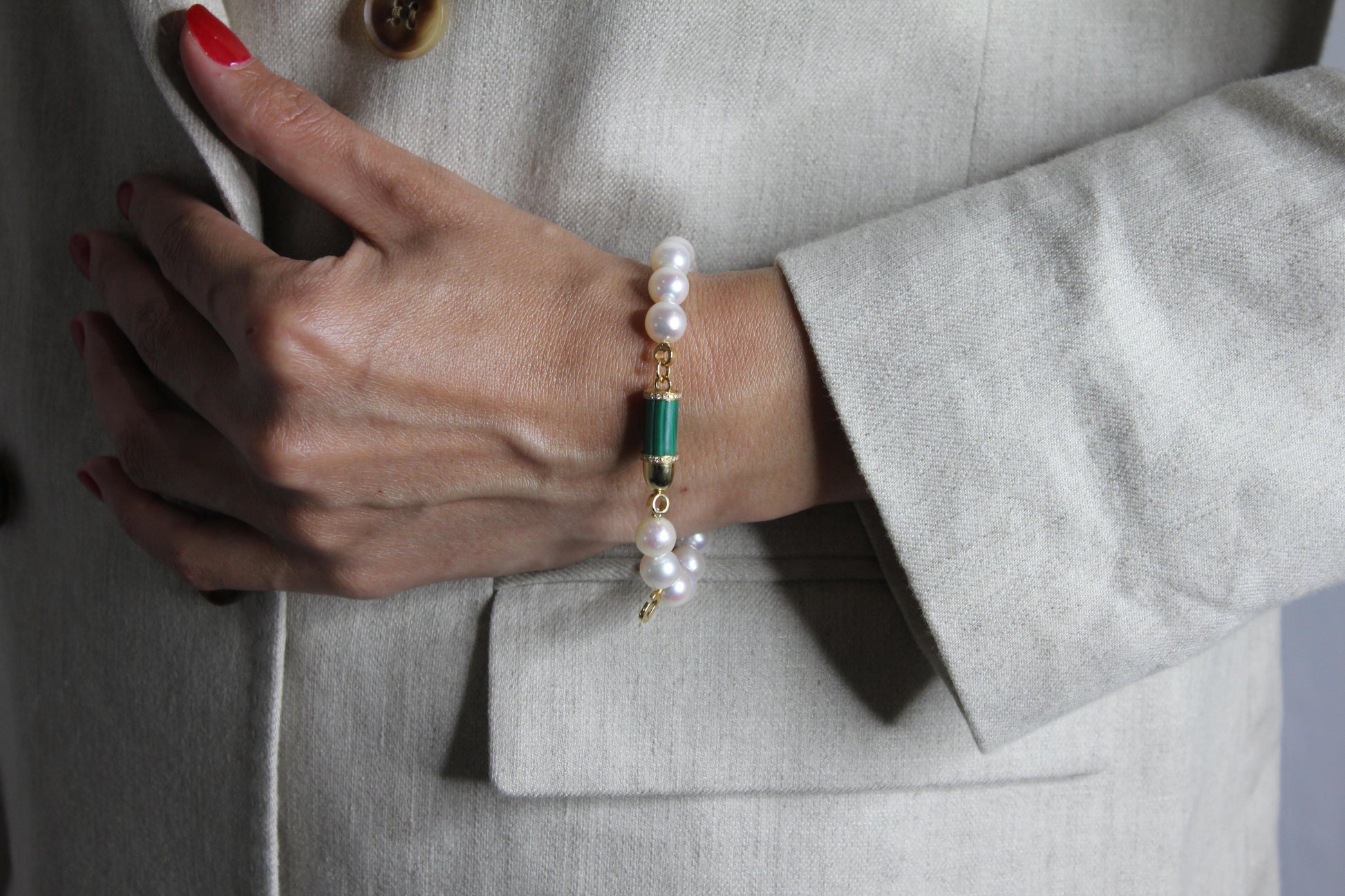 Diamond Green Malachite Pave Rocket Bullet Gold South Sea Pearl Chain Bracelet