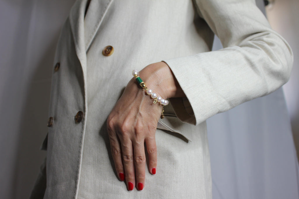 Diamond Green Malachite Pave Rocket Bullet Gold South Sea Pearl Chain Bracelet