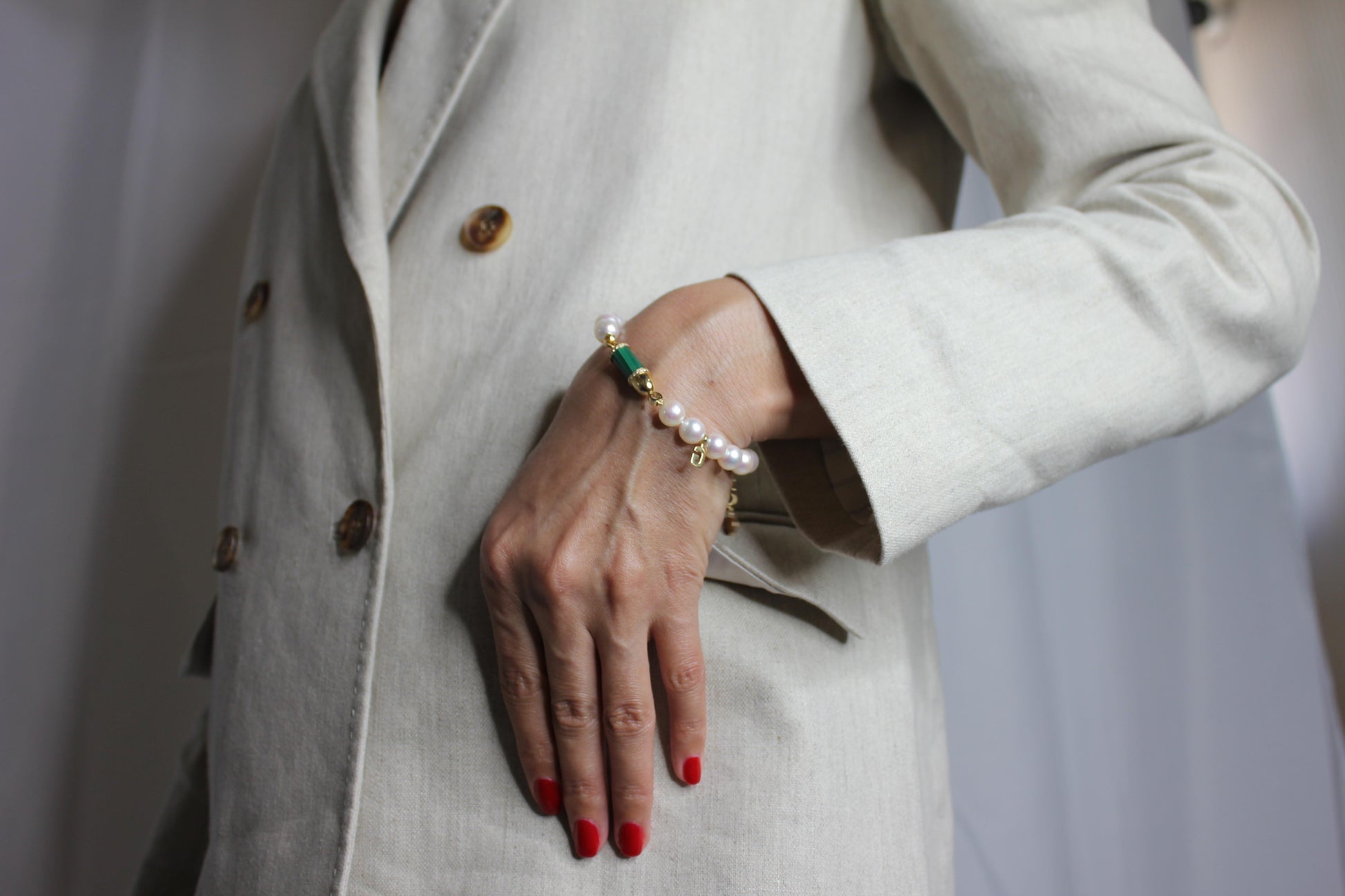 Diamond Green Malachite Pave Rocket Bullet Gold South Sea Pearl Chain Bracelet