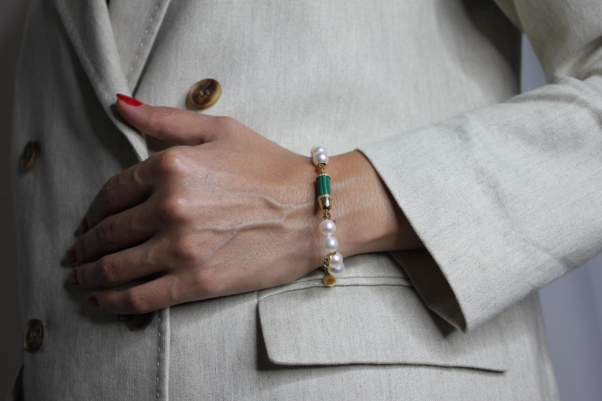 Diamond Green Malachite Pave Rocket Bullet Gold South Sea Pearl Chain Bracelet