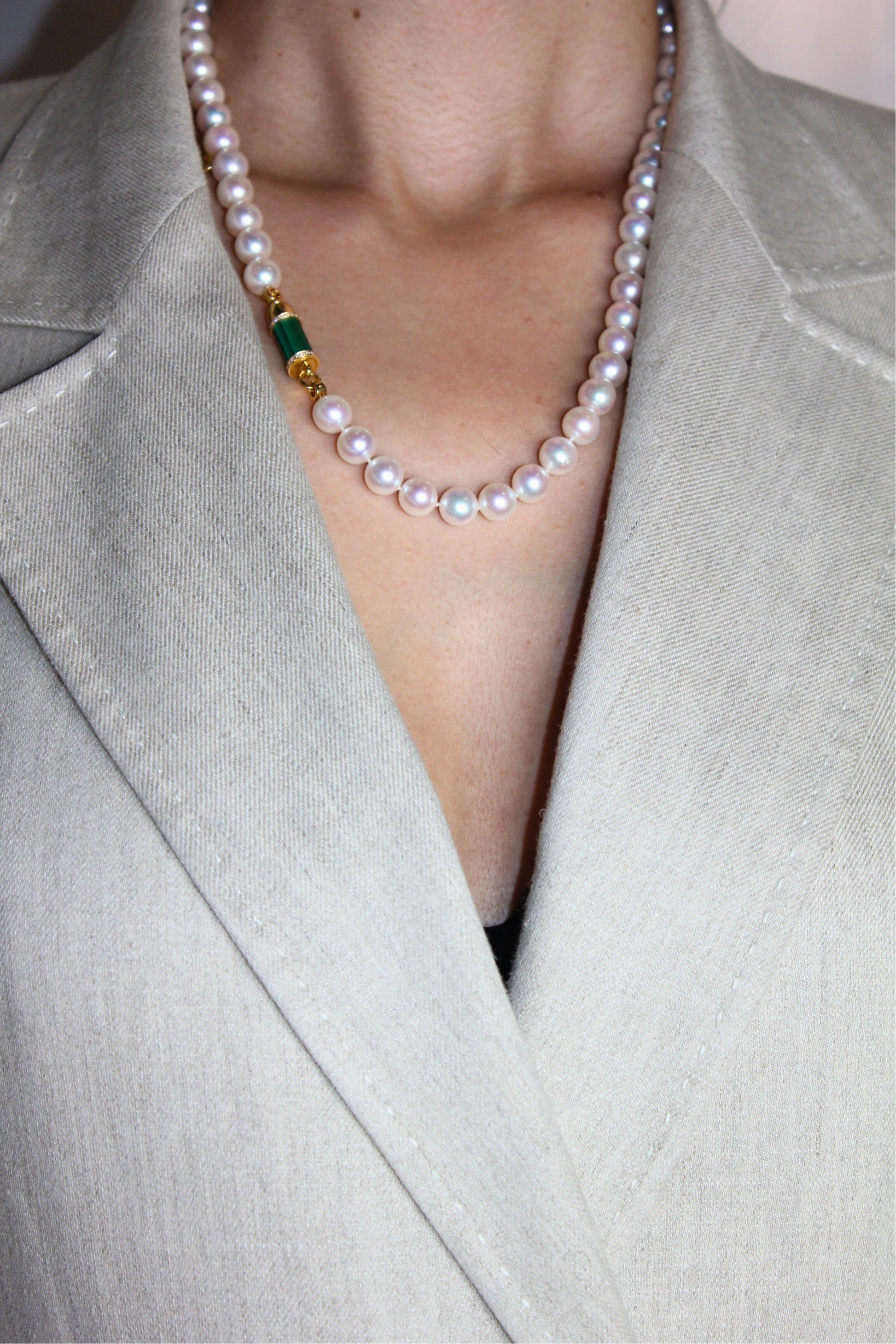 Diamond Green Malachite Pave Rocket Bullet Gold South Sea Pearl Chain Necklace