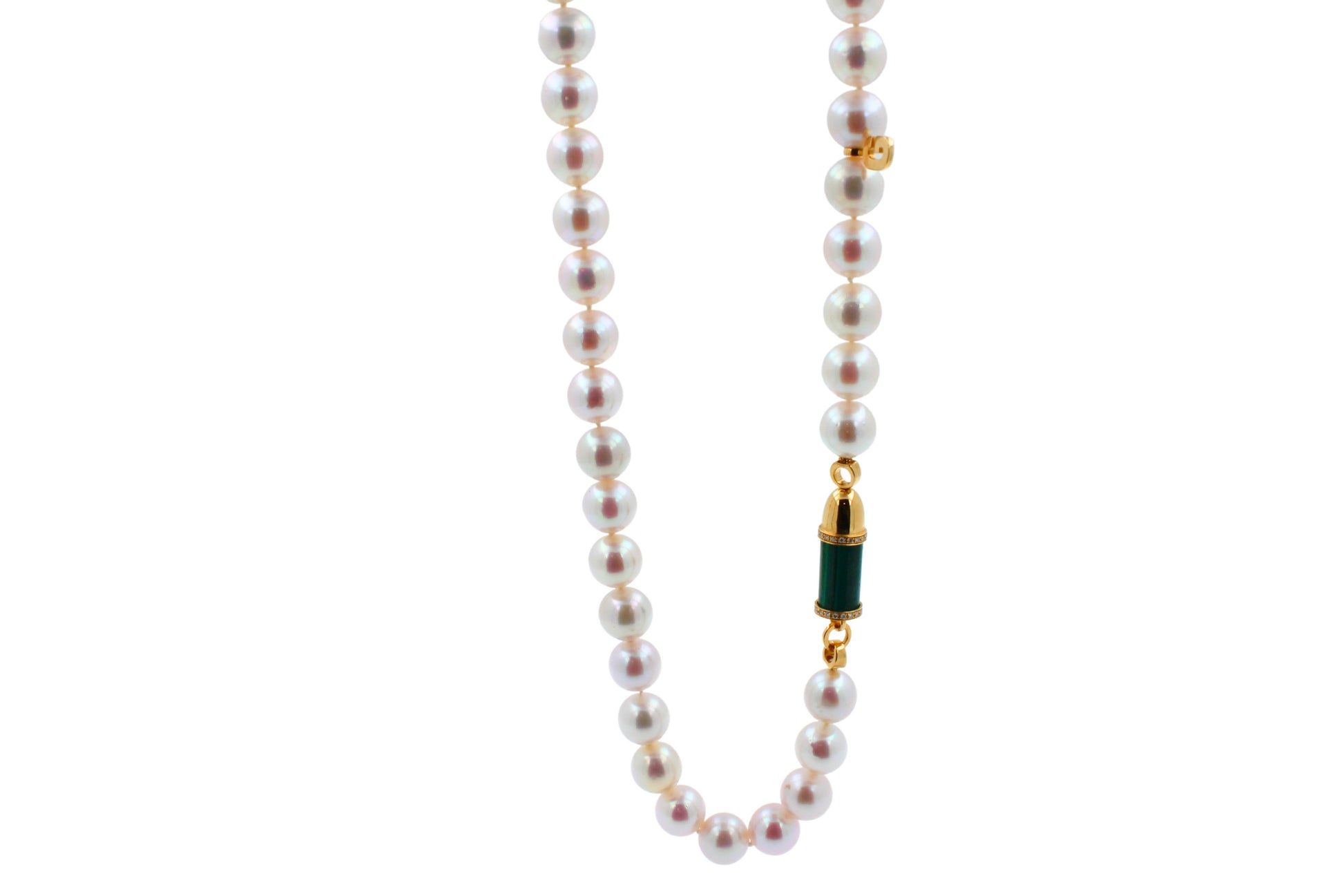Diamond Green Malachite Pave Rocket Bullet Gold South Sea Pearl Chain Necklace